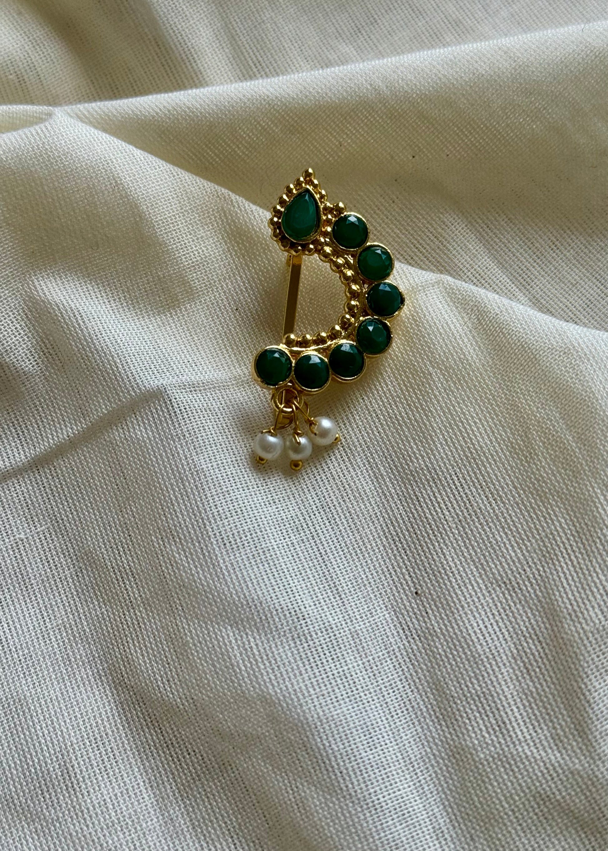 Gold plated, green stone, clip on Maharashtrian nath YCGPNC206