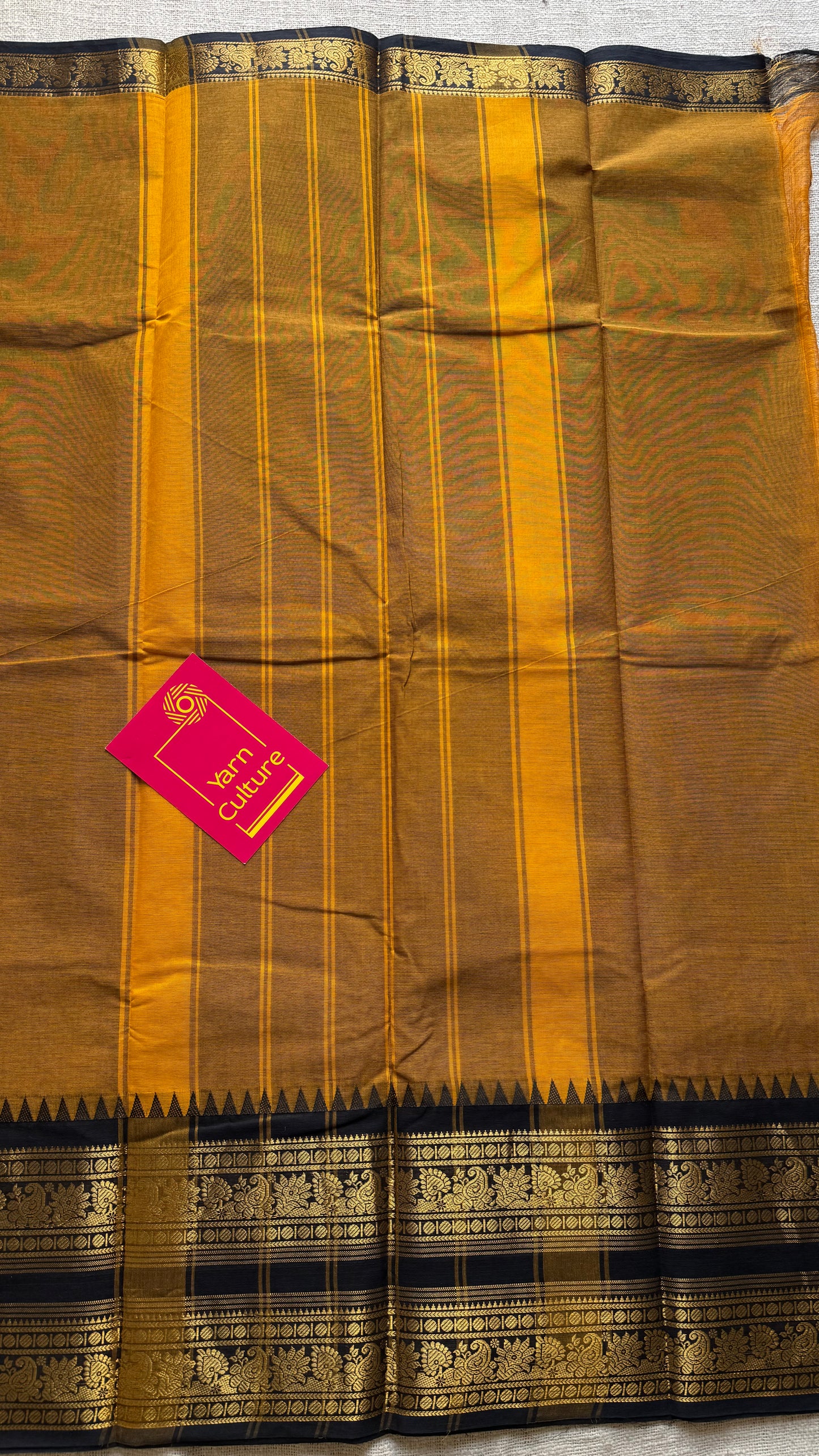 Mustard yellow with black, wide zari border, kanchi cotton - YCCOTNKCJA212