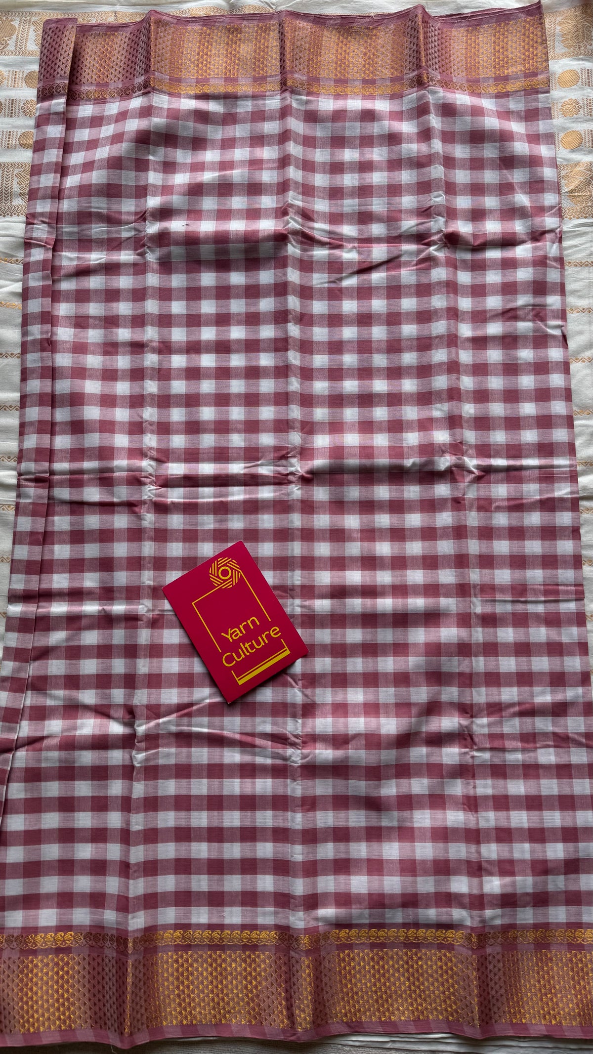 Chettinad cotton saree with mauve pink and white checks, zari motif border - YCCOTNCKSE46
