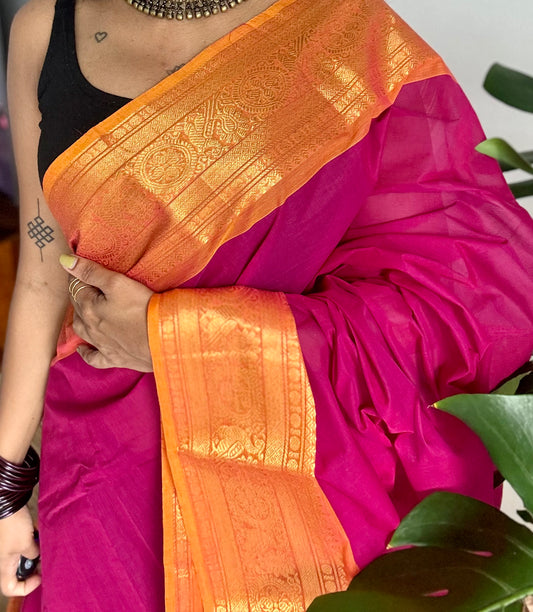 Magenta with turmeric yellow zari border chettinad cotton saree - YCCOTNCKSE17