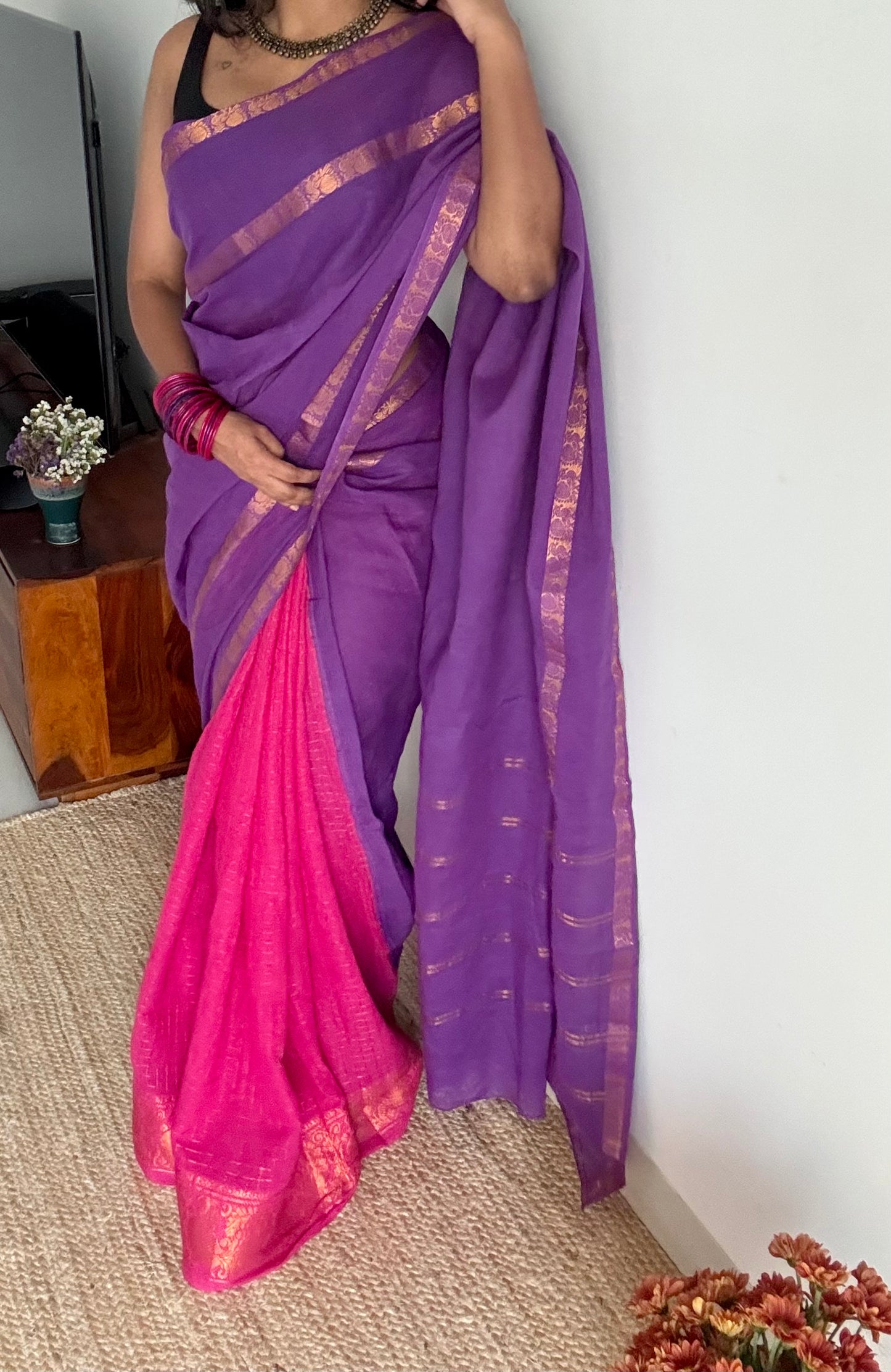 Alli (அல்லி) : purple with pink, sungudi cotton - YCENOID02