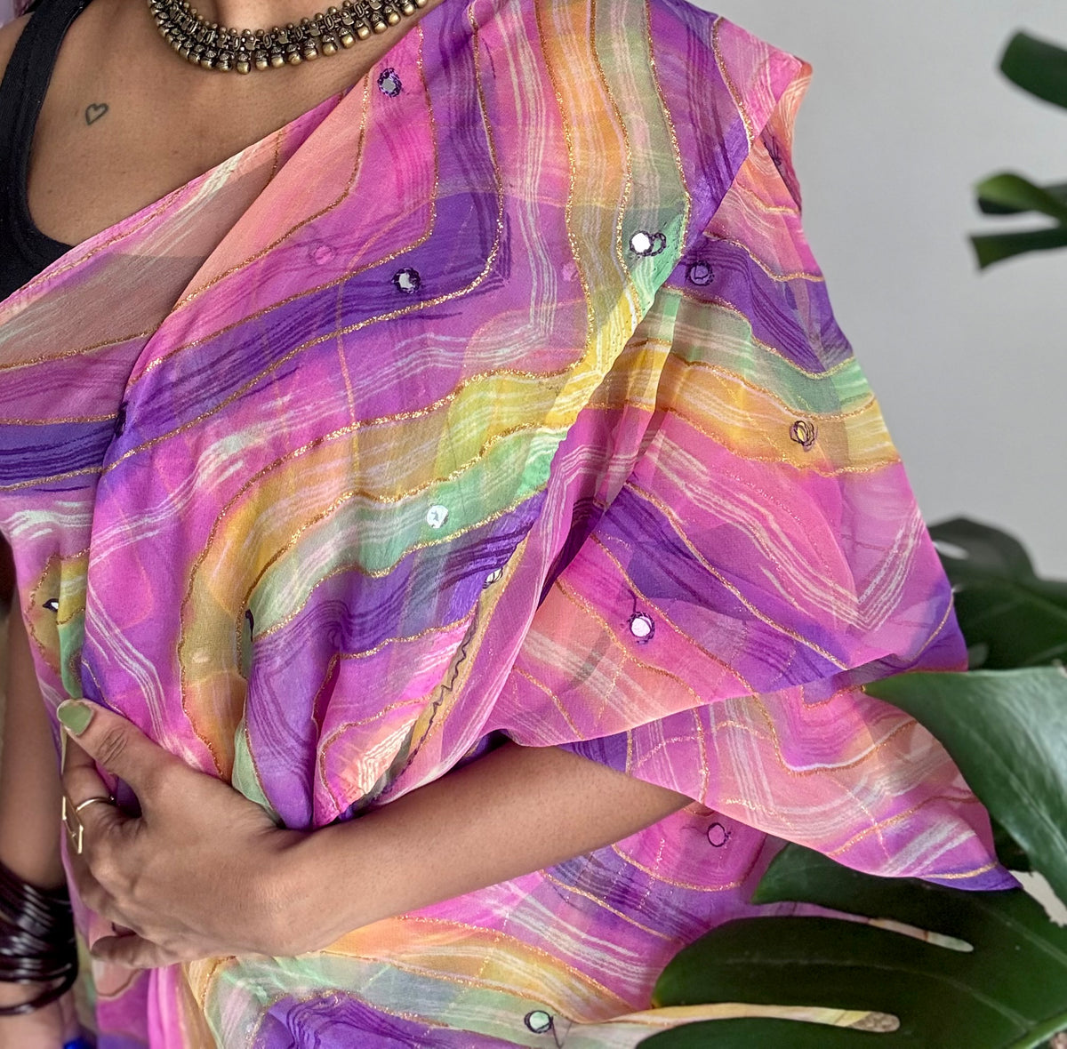 Purple pink multicoloured leheriya chiffon saree with mirror work  - YCTORLOC95