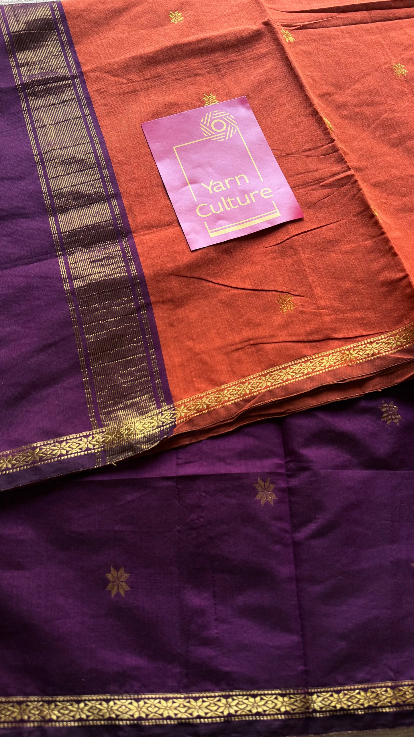 Dark orange with purple wine, gold buttas, semi maheshwari cotton silk - YCCOTNCSDE91