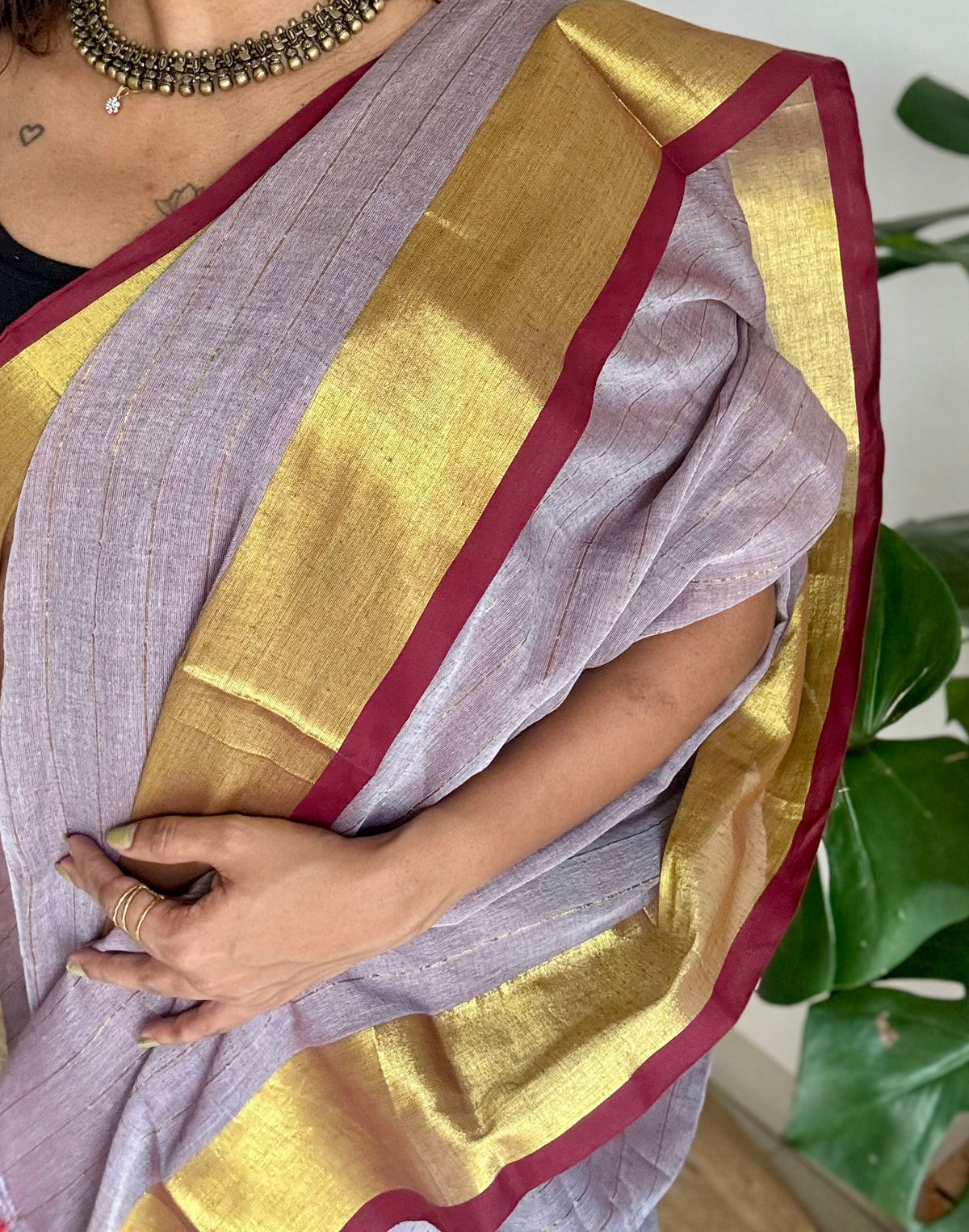 Grey mul cotton saree with zari stripes and maroon highlighted border - YCBCMCSE35