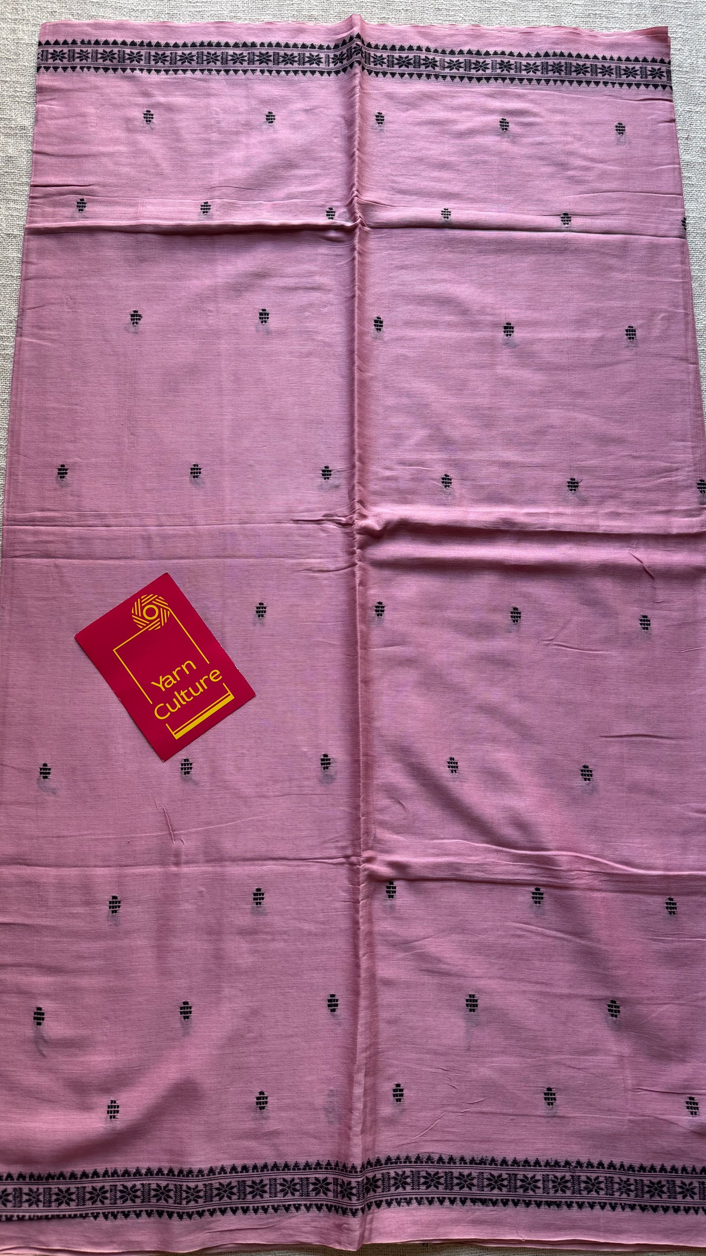 Dhonekhali handloom soft cotton saree, powder pink with black woven buttas and border - YCBCDFE249