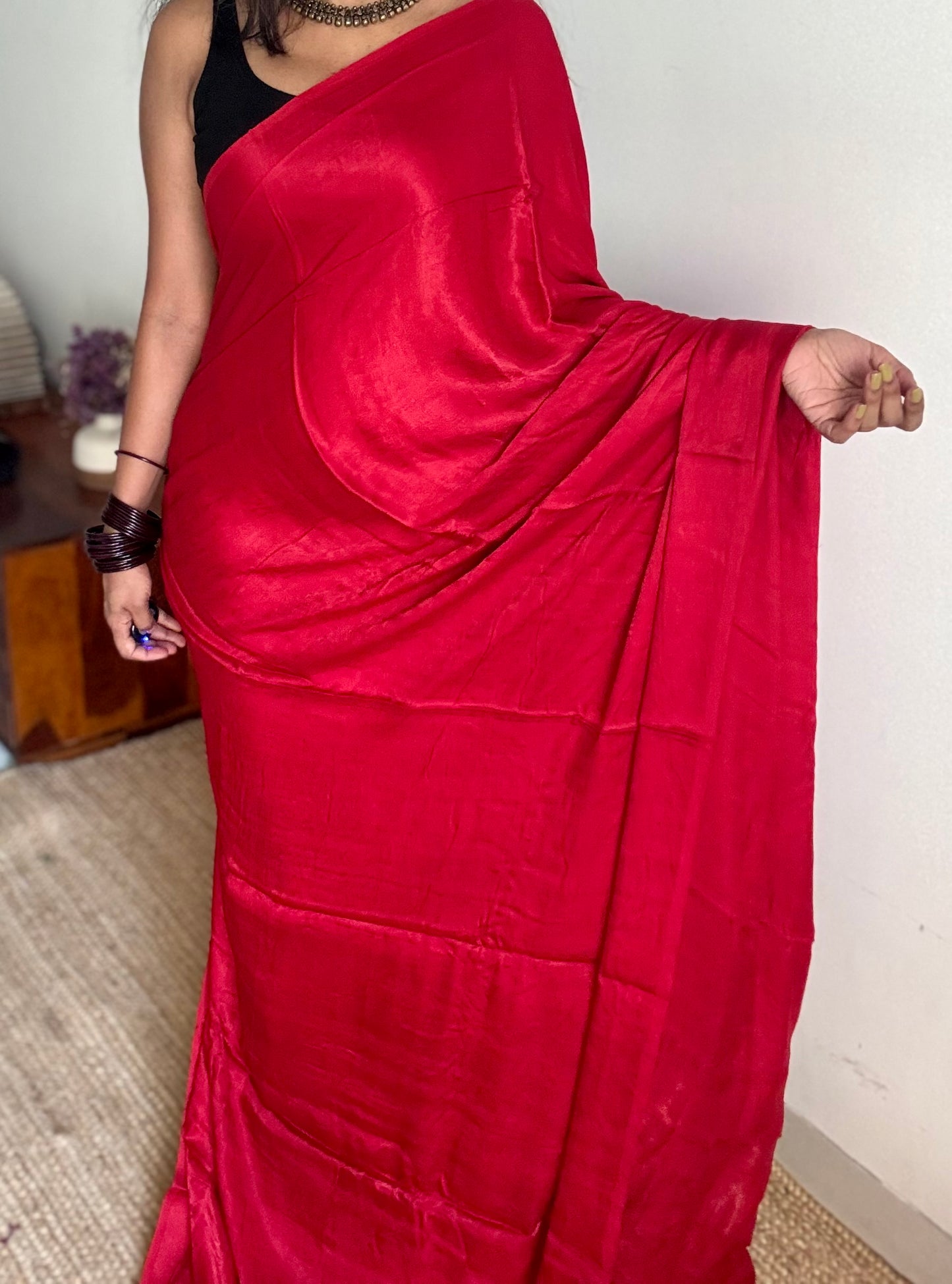 Plain red pure modal silk saree with gold zari pallu - YCTOKBM336