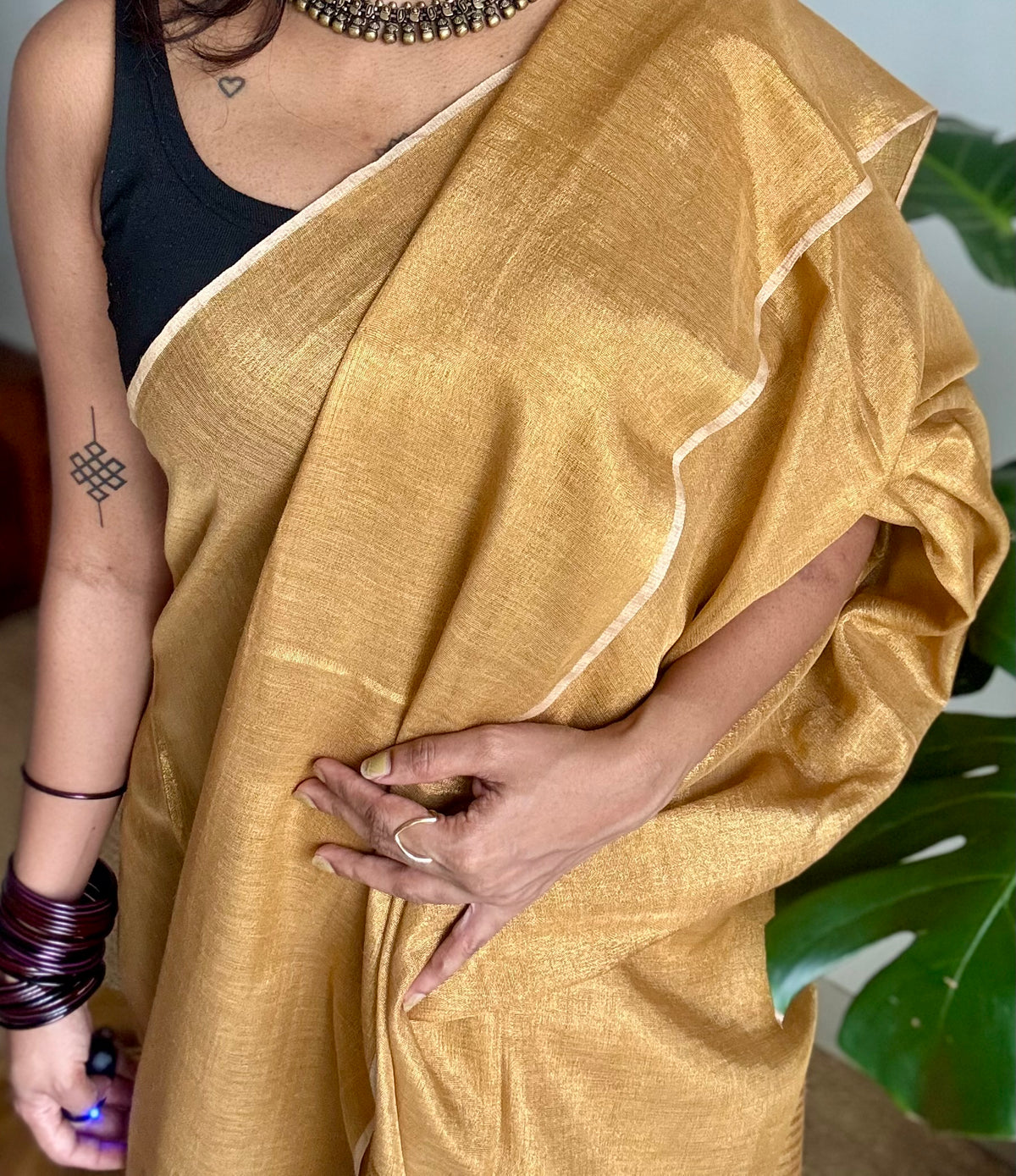 Plain gold, dual tone metallic tissue linen saree - YCBCLTOC60