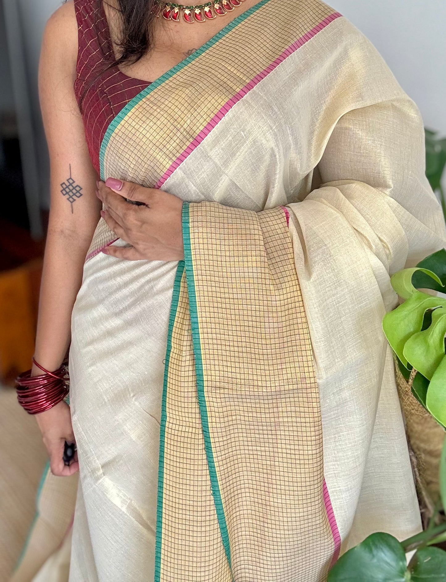 Ivory and gold soft tissue cotton saree, pink and green, checkered border - YCIEON77