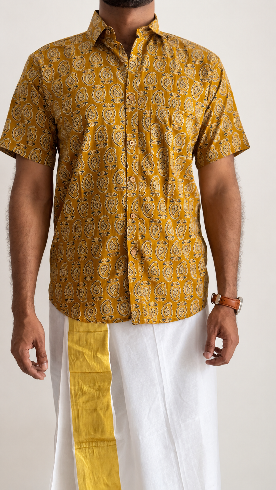 Rust Orange & Blue Motif Block Printed Cotton Men's Half Sleeve Mandarin Collar Kurta Shirt - YCMSEIE192