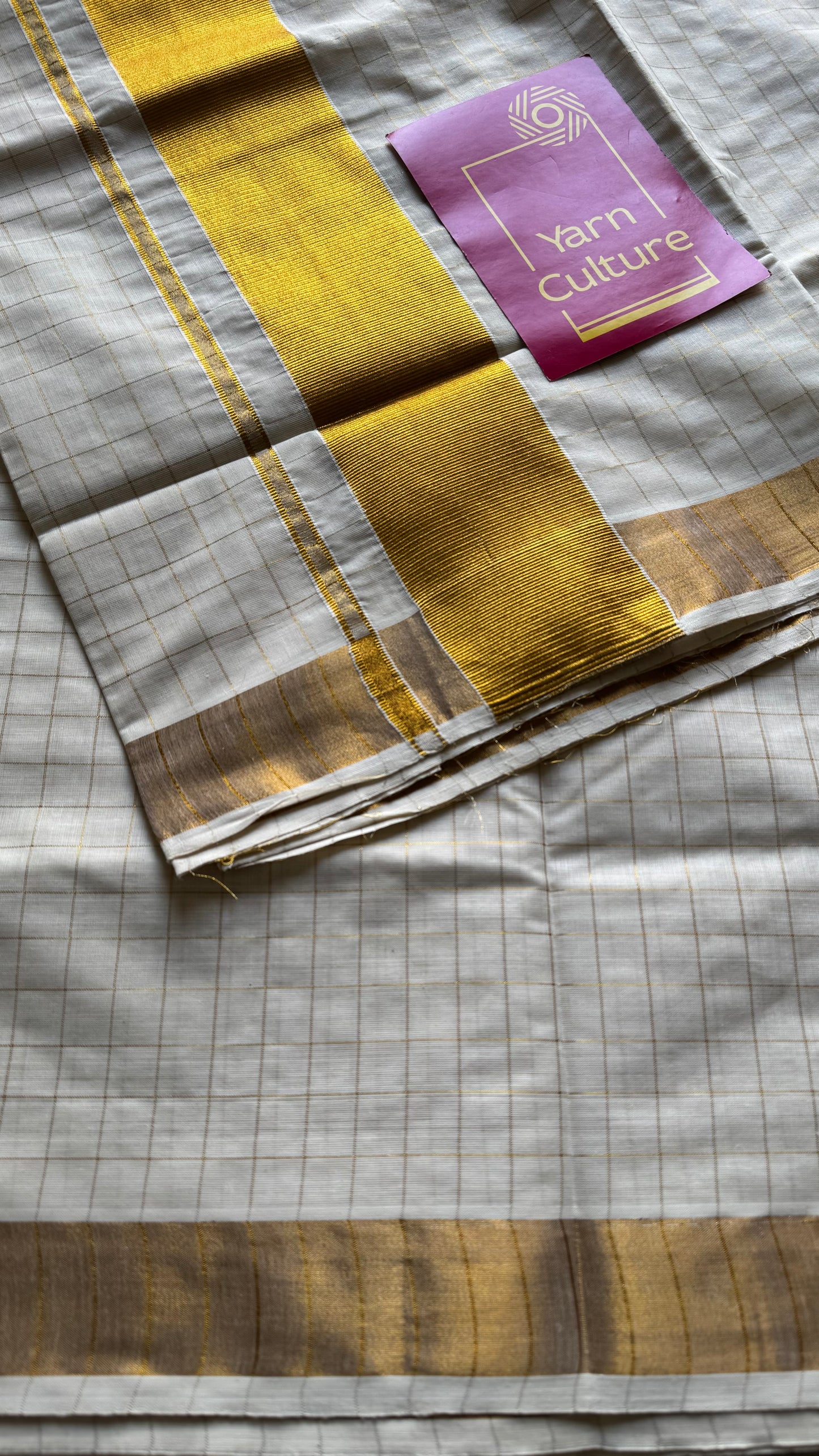 Ivory Kerala cotton saree with gold checks - YCIEKCFE318