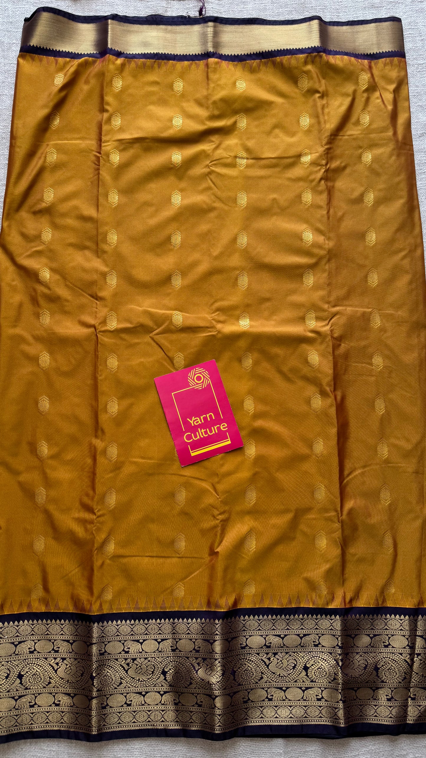 Vaidhi - mustard with deep purple, handloom korvai semi silk - YCCOTNFEJUKS02