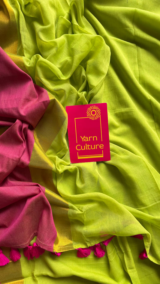 Lime green with contrast dark pink border, gold zari - YCBCMCLSE13
