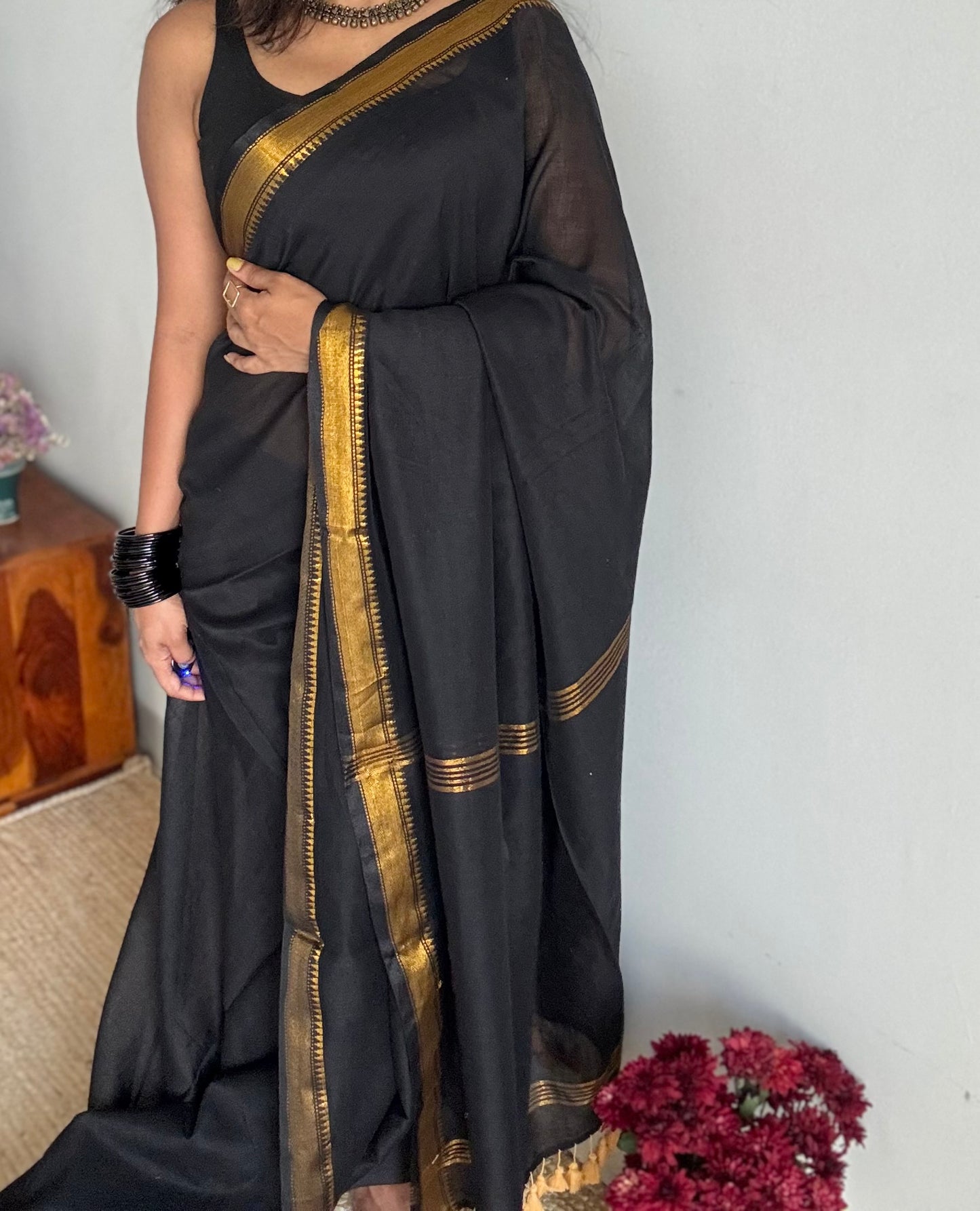 Black soft cotton with maheswari gold zari border - YCBCMCFE213