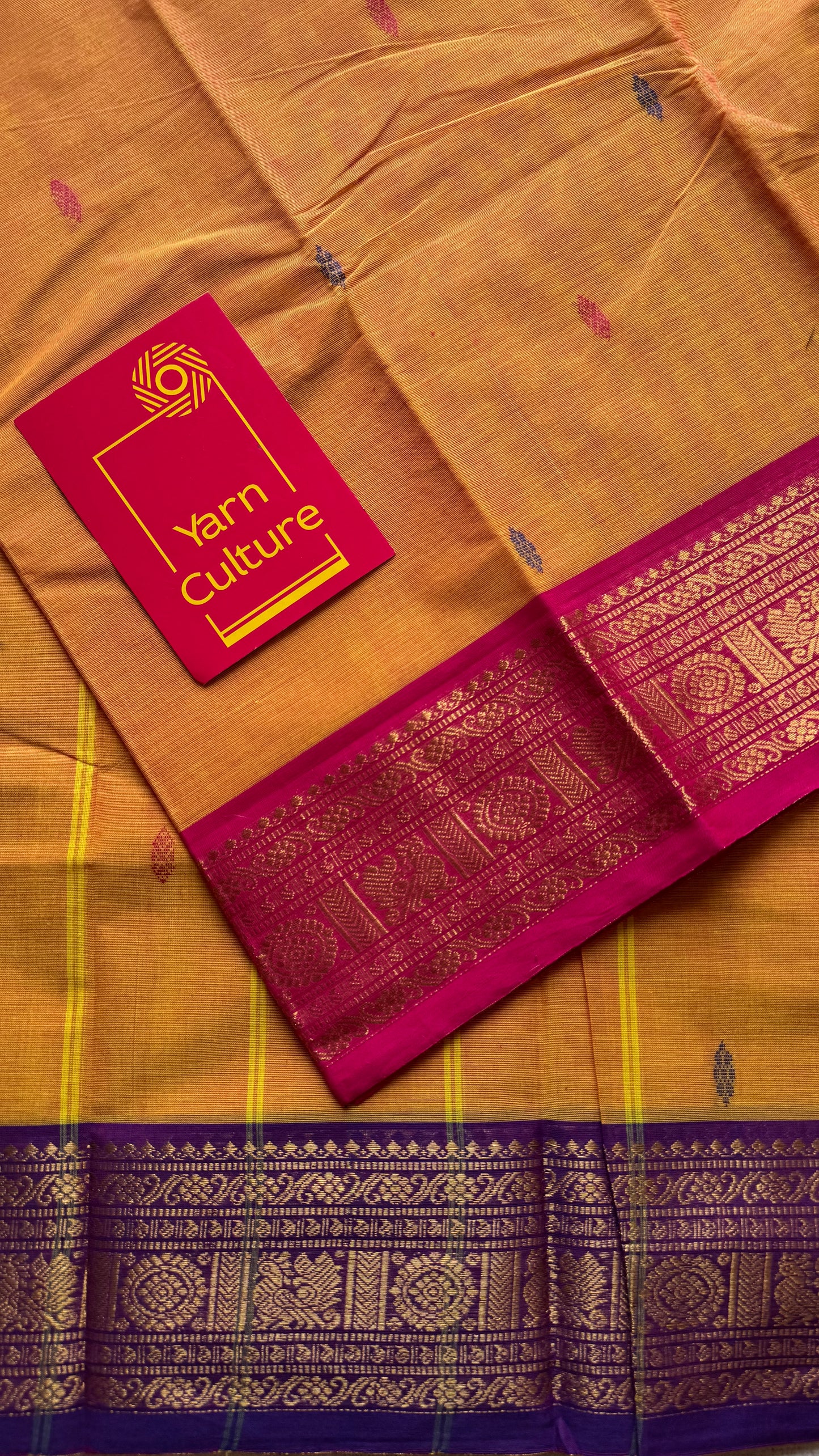 Light orange with hot pink and purple contrast, kanchi cotton saree - YCCOTNMA325