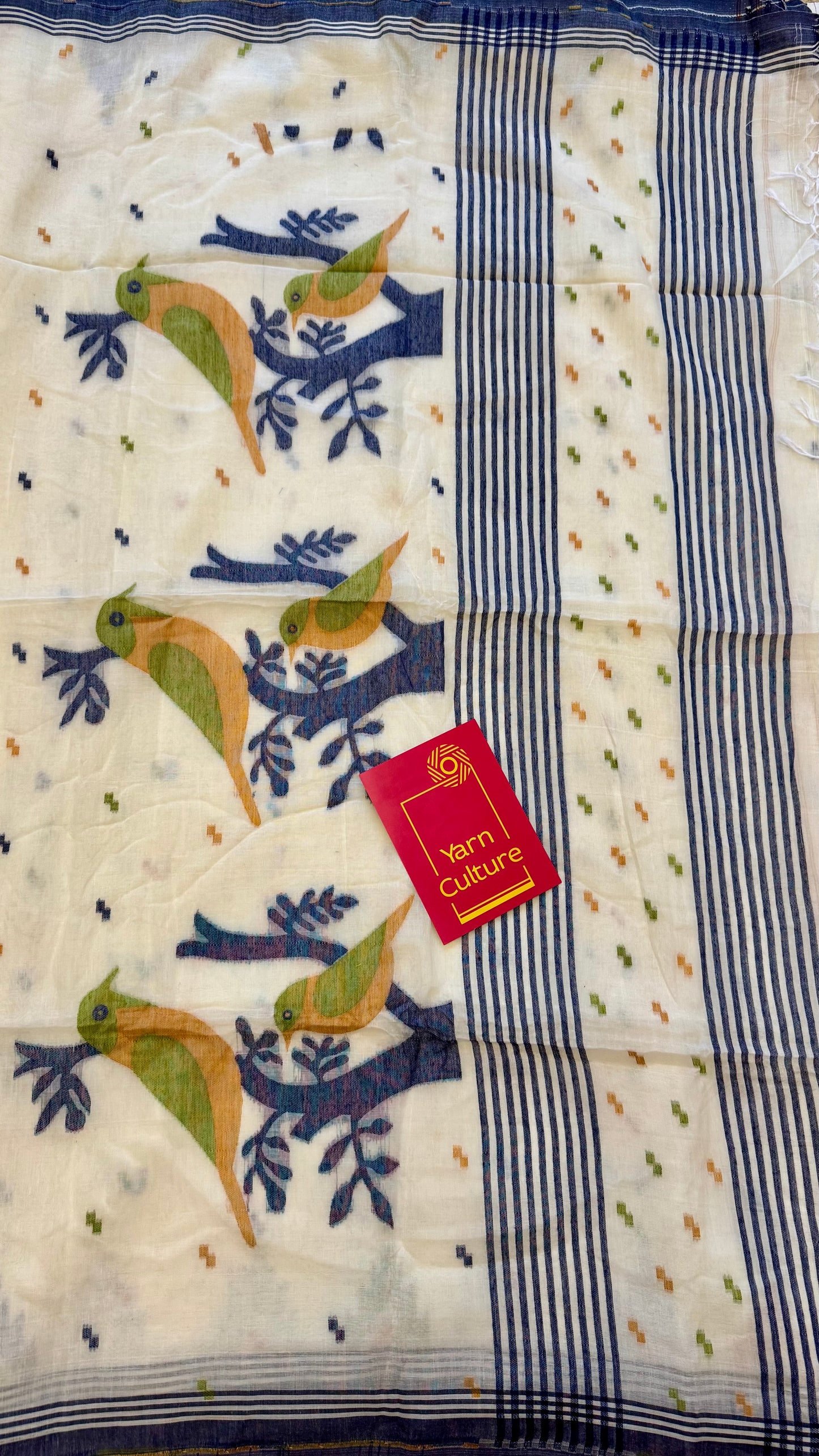 Ivory soft cotton saree, jamdani bird work - YCIEON38