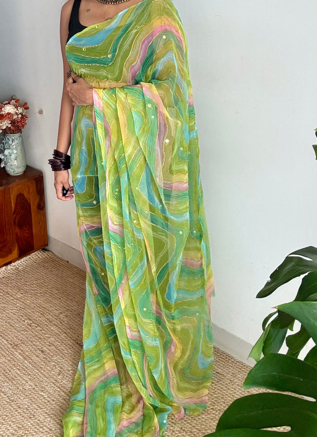 Green multicoloured leheriya chiffon saree with mirror work  - YCTORLOC97