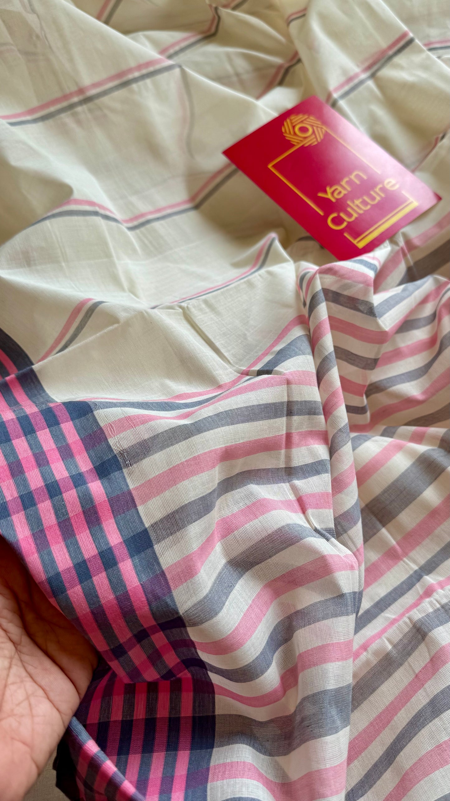 Handloom, woven in Chendamangalam Looms, ivory with grey pink border, striped soft cotton saree - Handloom ivory grey pink border