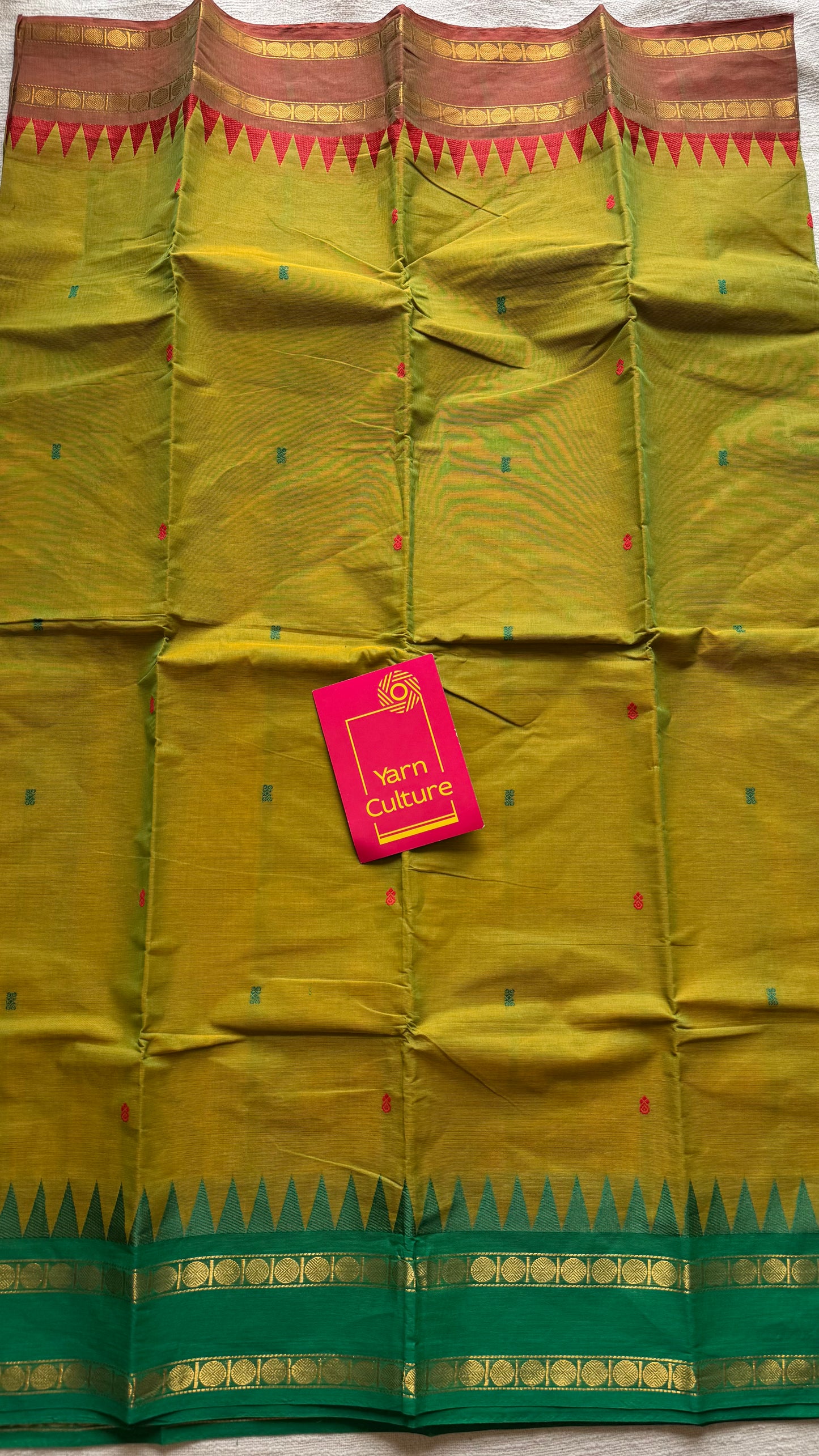 Kanchi cotton saree, light green with light brown and green dual border - YCCOTNAP101