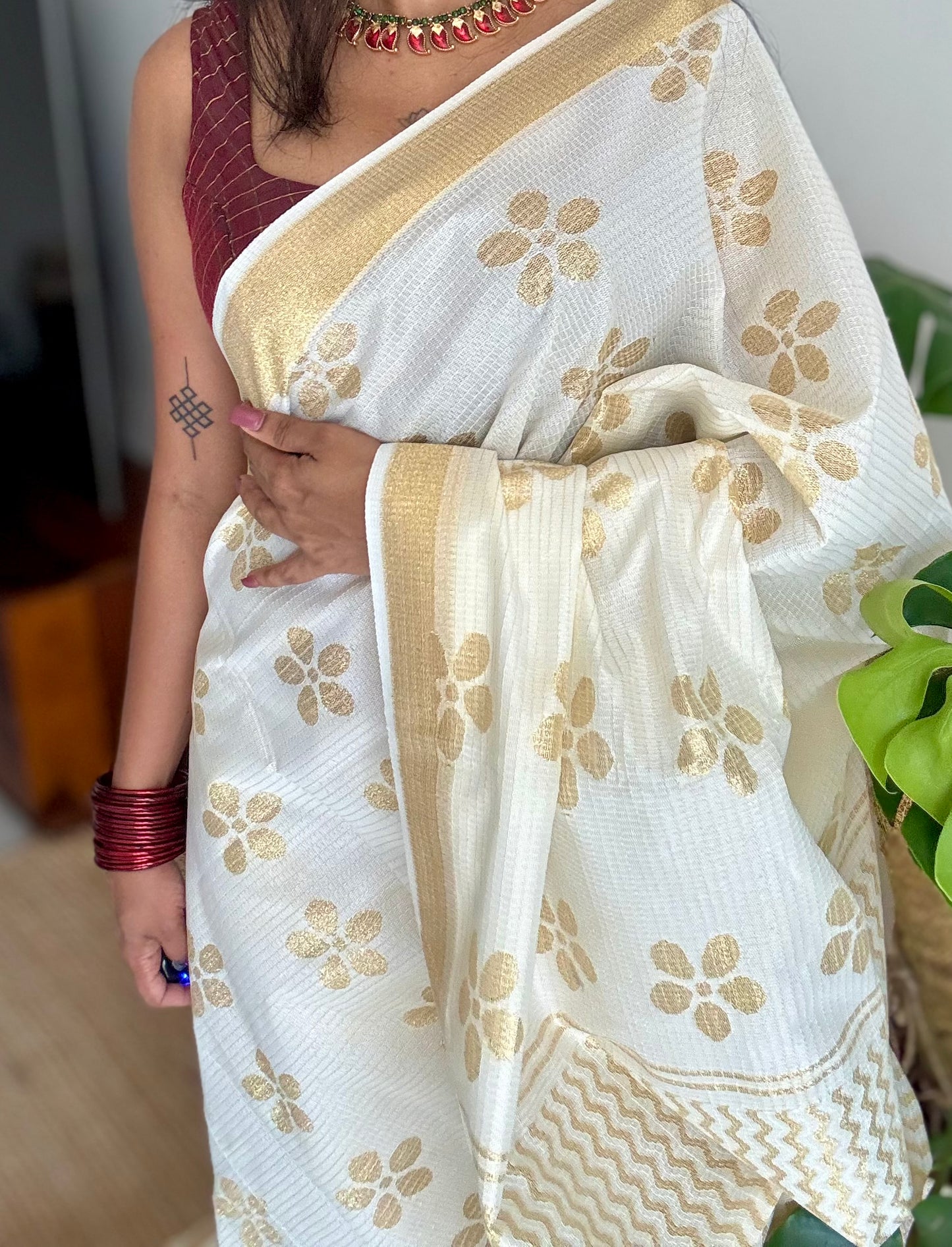 Ivory and gold soft net cotton saree, gold floral prints - YCIEON64
