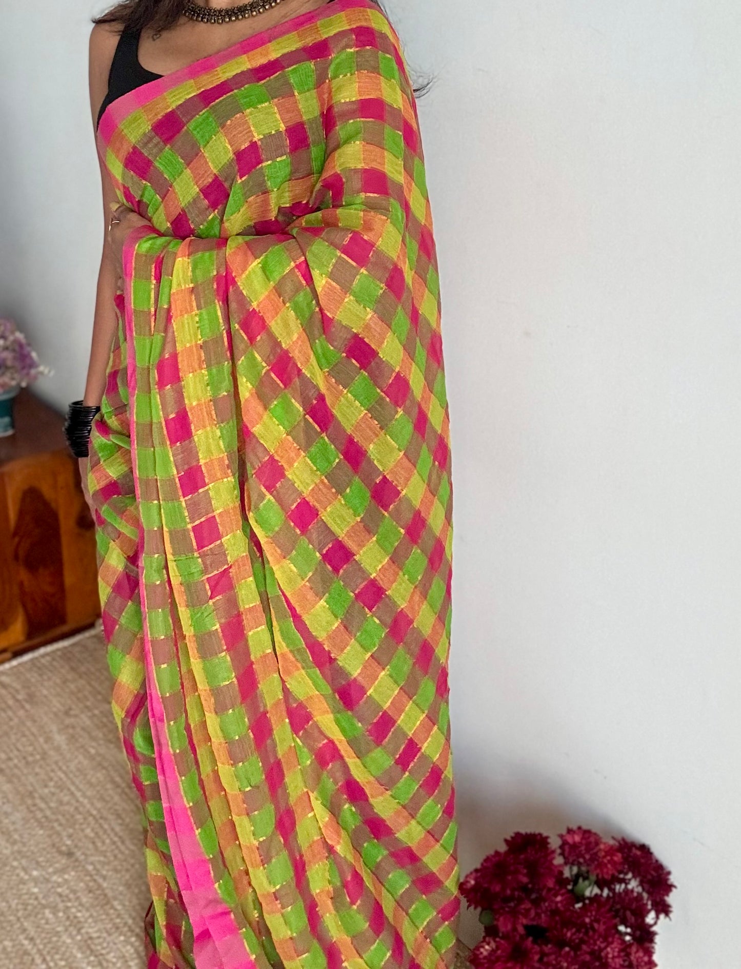 Multicoloured madras checks inspired mul cotton saree - YCBCMCFE233