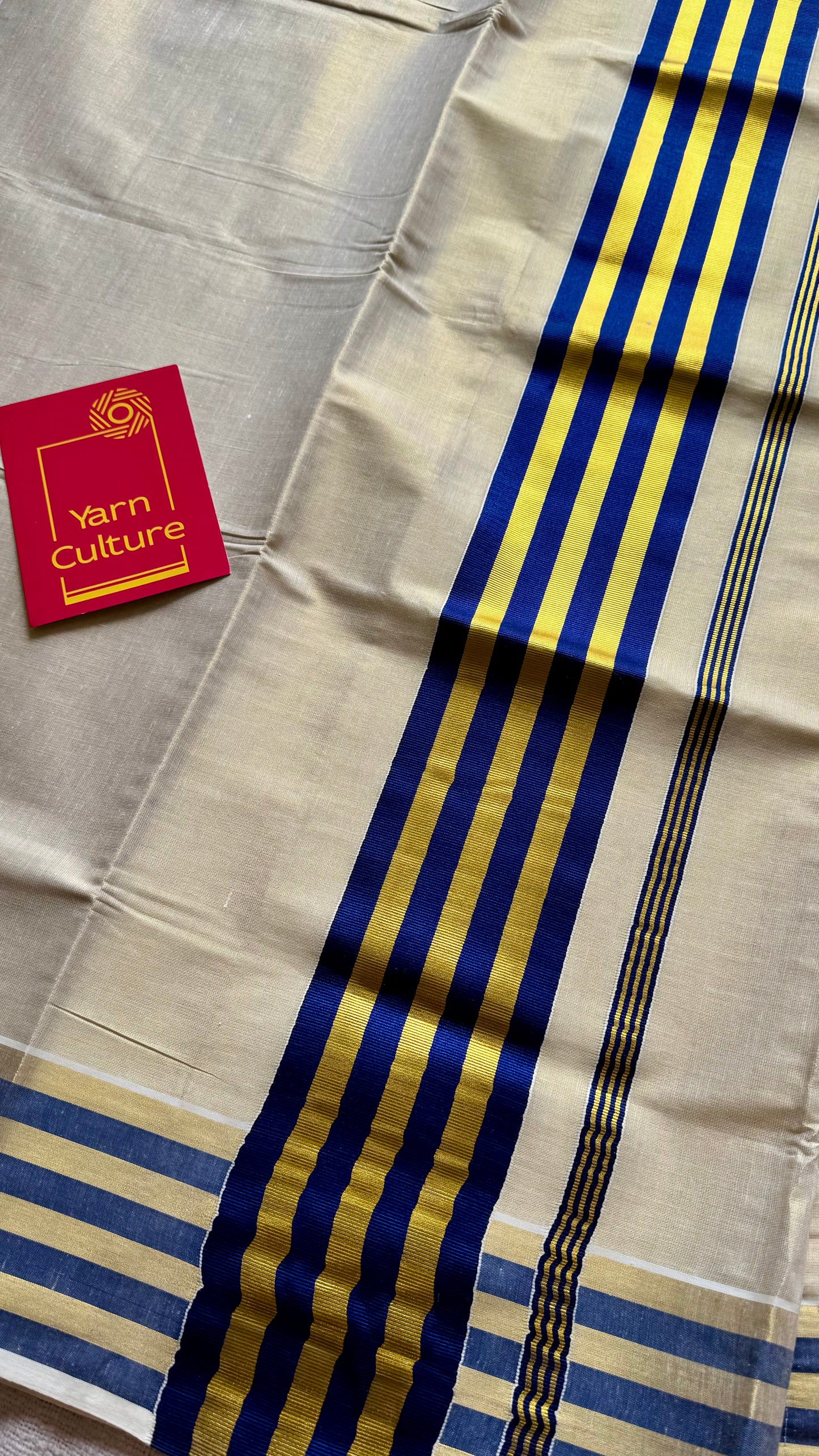 Ivory and gold soft tissue cotton saree, royal blue border - YCIEON66