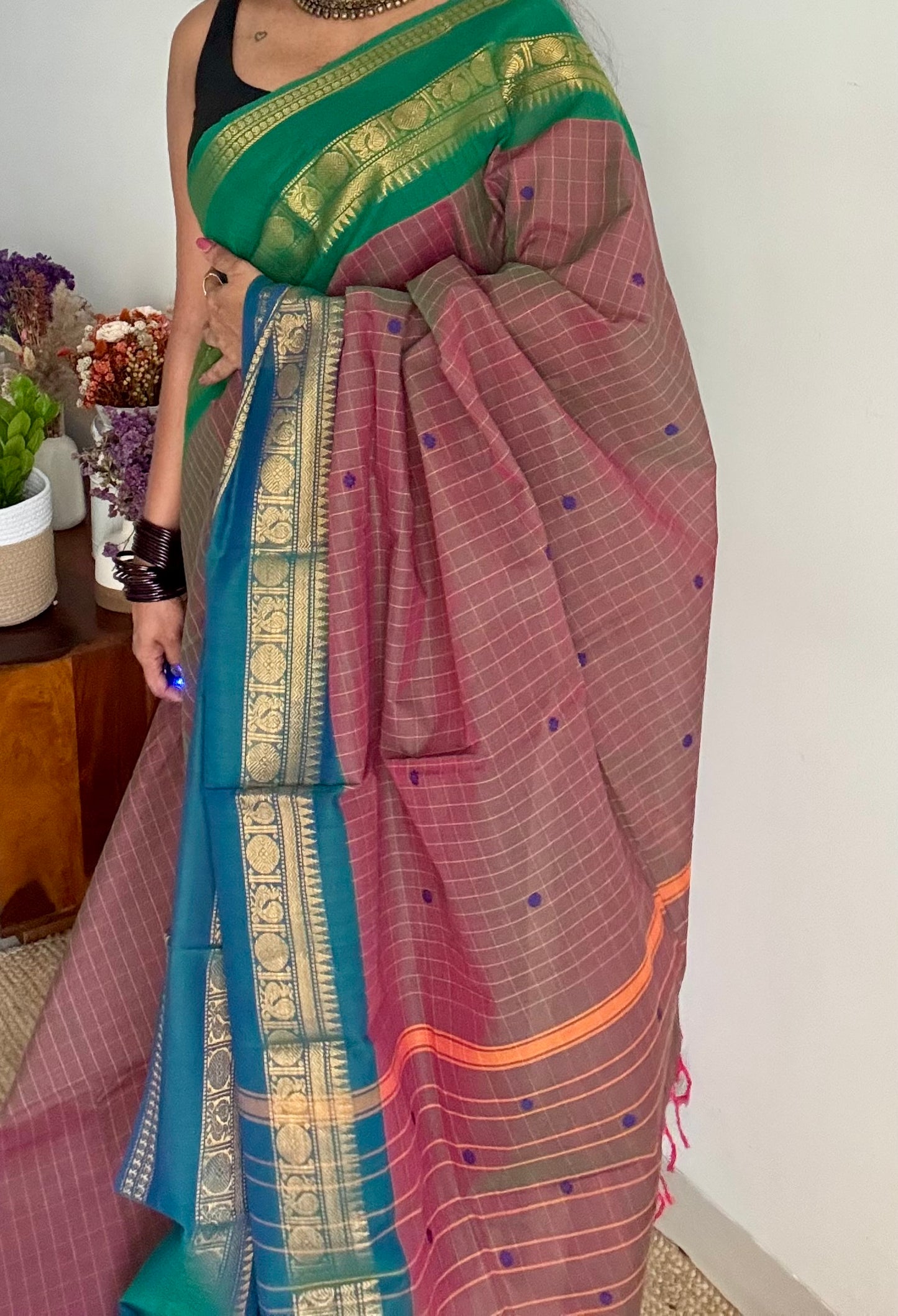 Kanchi cotton saree, light brown checks with green and peacock blue dual toned border - YCCOTNAP77