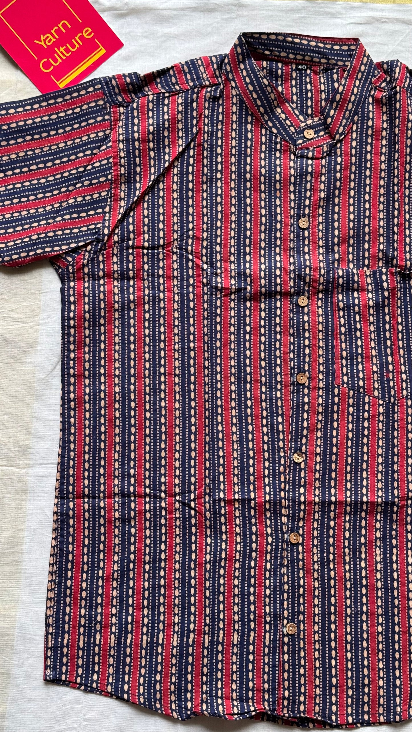 Dark Blue & Red Striped Block Printed Cotton Men's Half Sleeve Mandarin Collar Kurta Shirt - YCMSEIE185