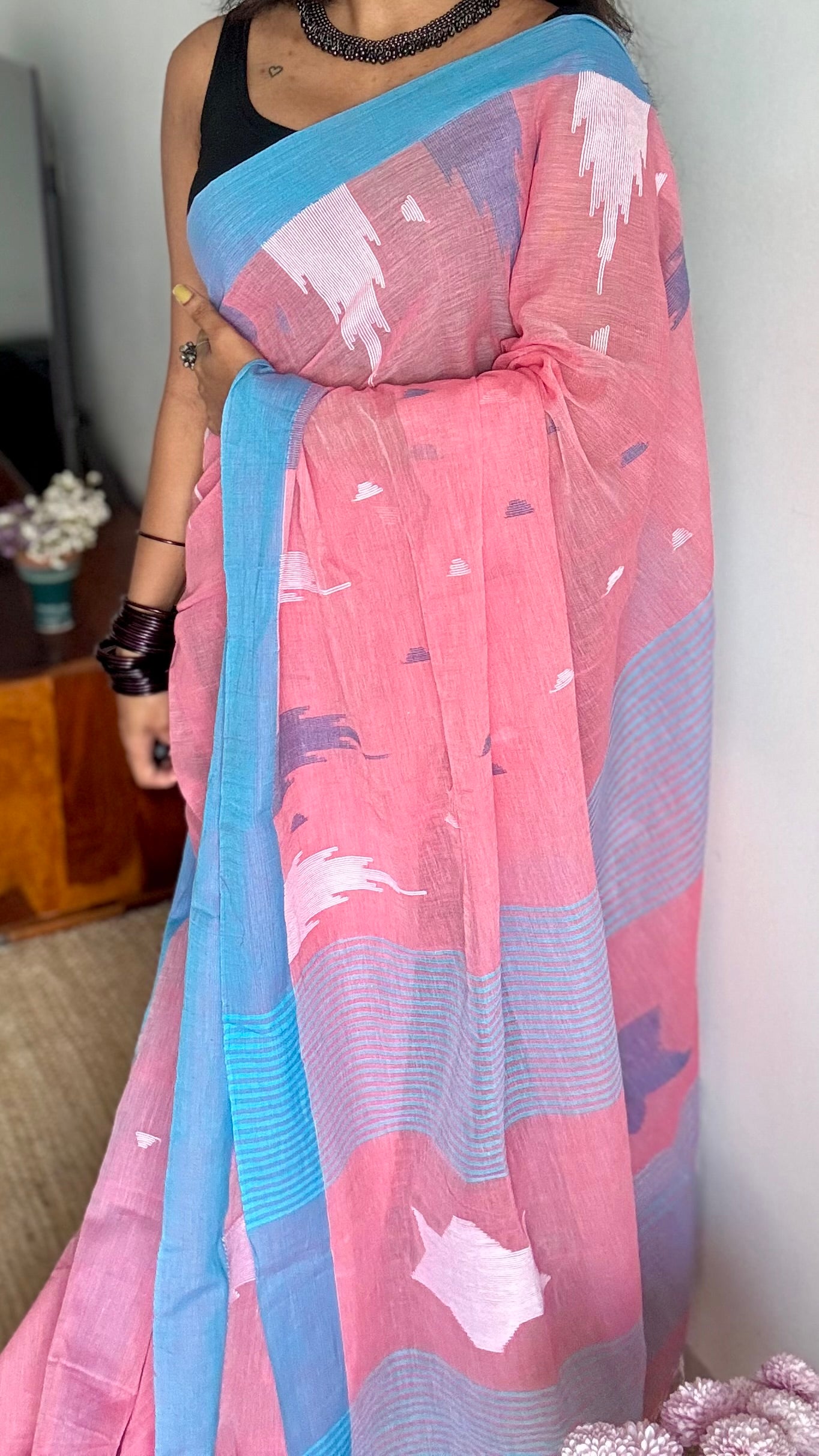 Peach pink with blue borders, temple motif woven threadwork, soft cotton - YCBCMKCDE31