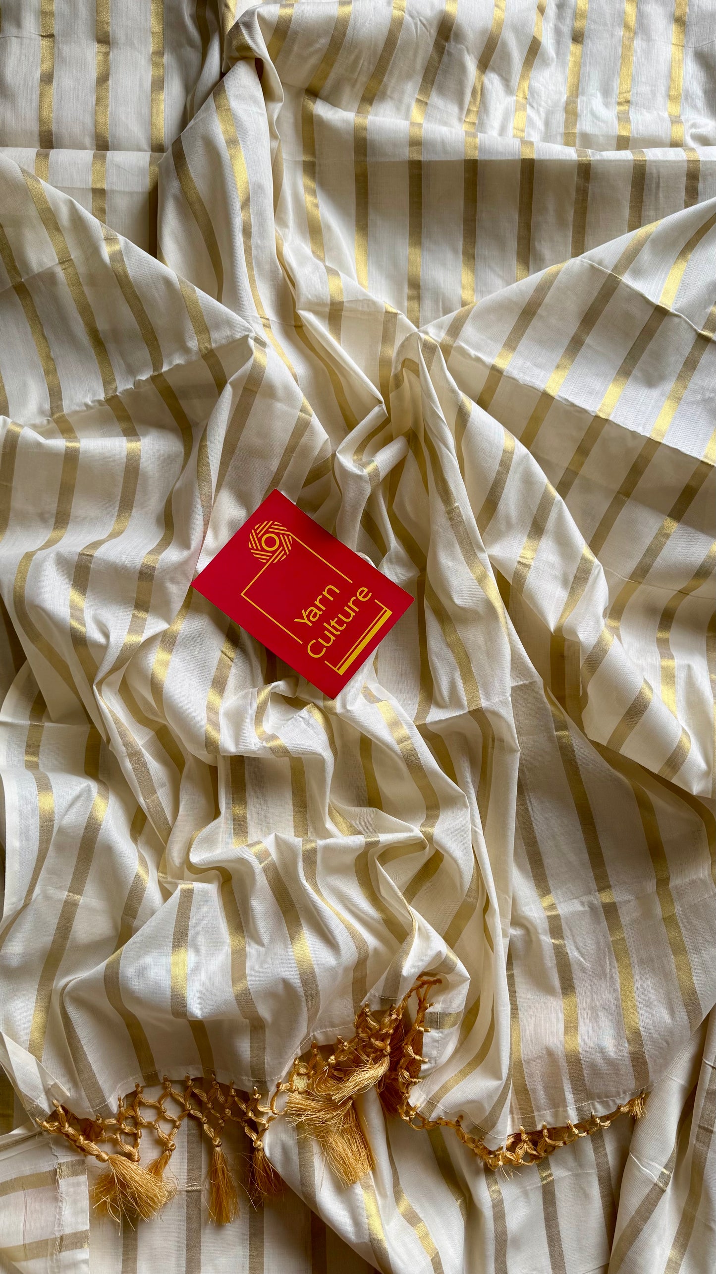 Ivory and gold soft cotton kasavu saree, broad gold stripes - YCIEON81