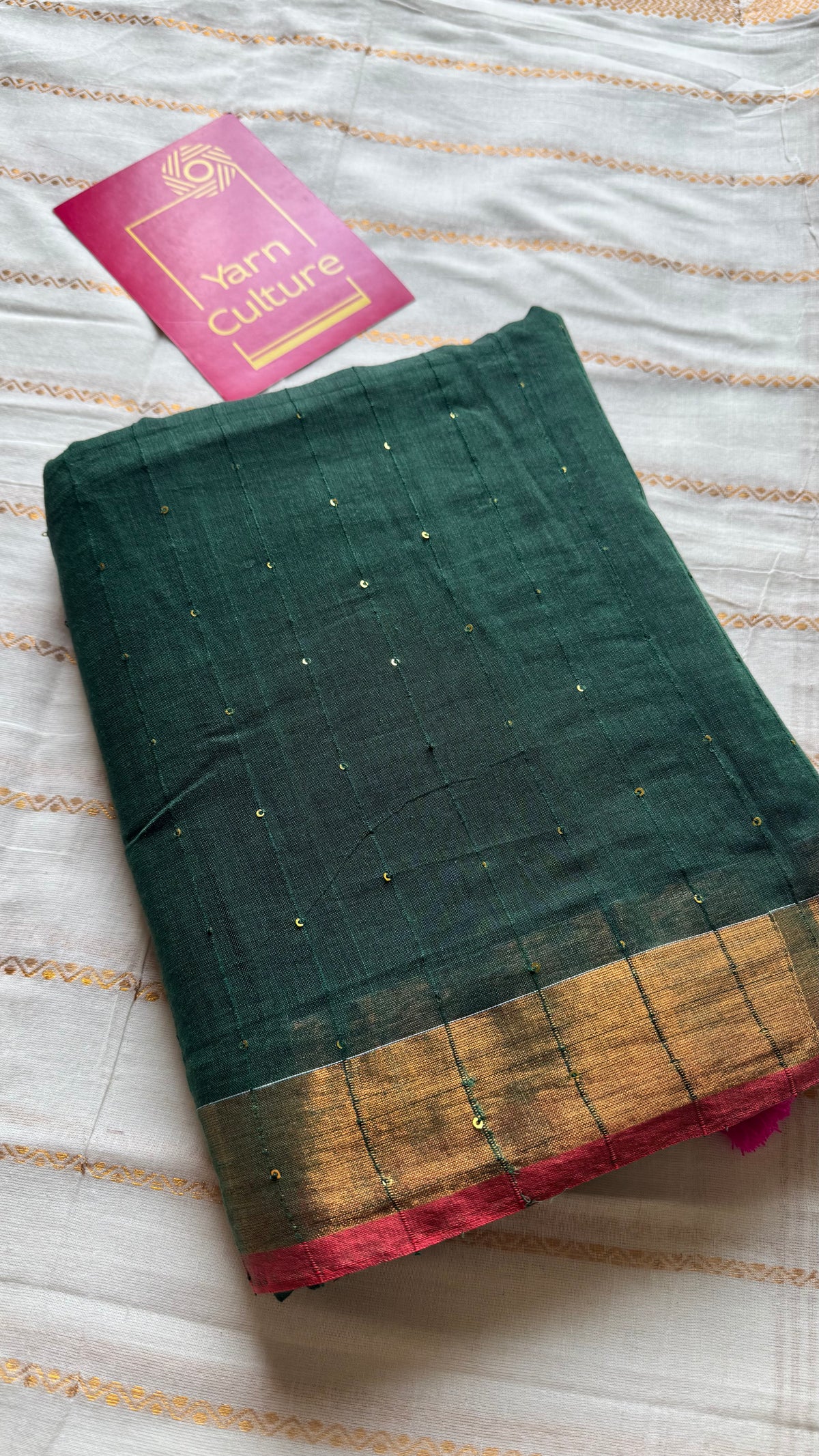 Dark green mul cotton saree with sequins and zari border - YCBCMCSE32