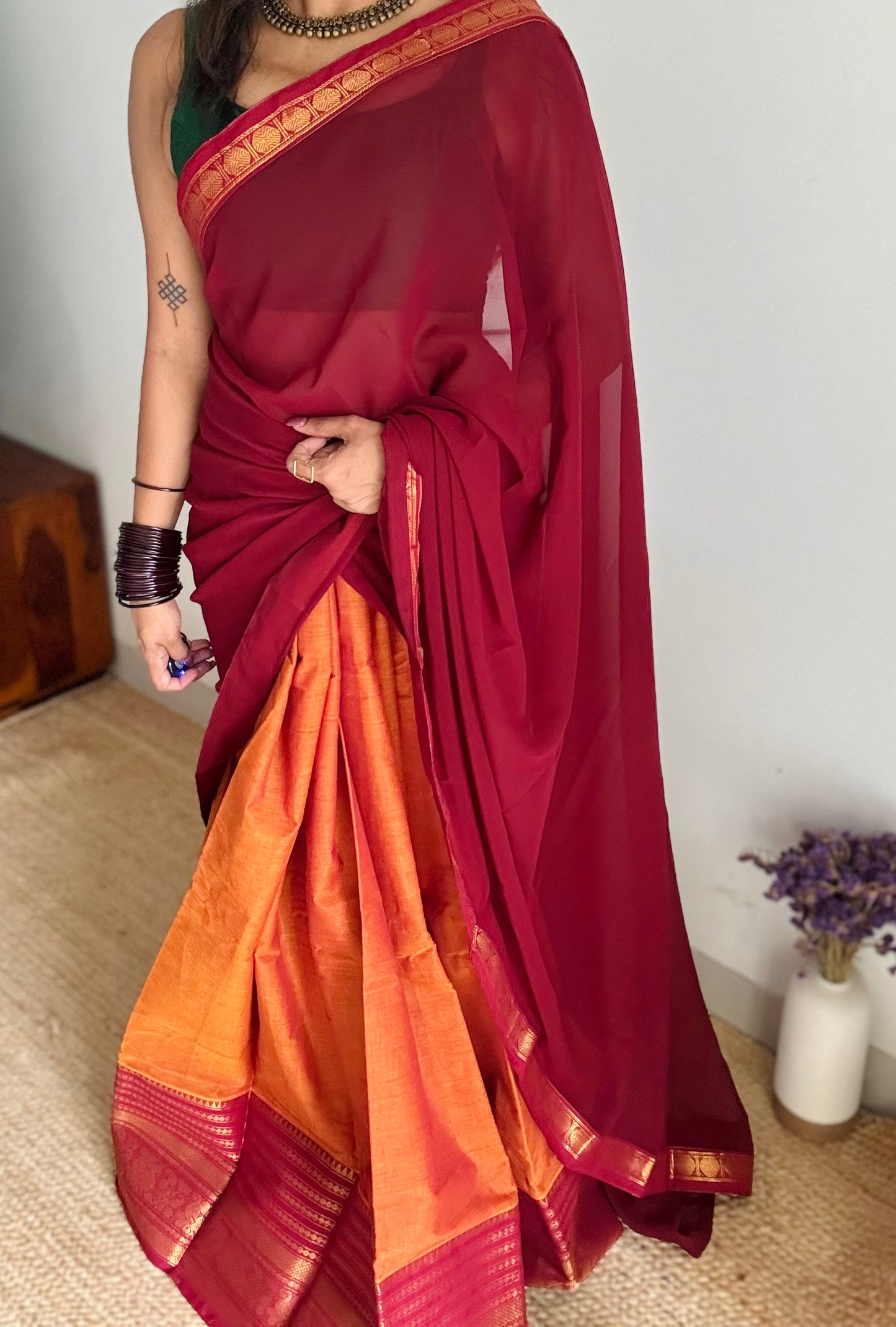 Orange - Maroon unstitched half saree material (dhavani), kanchi cotton - YCIEHS211