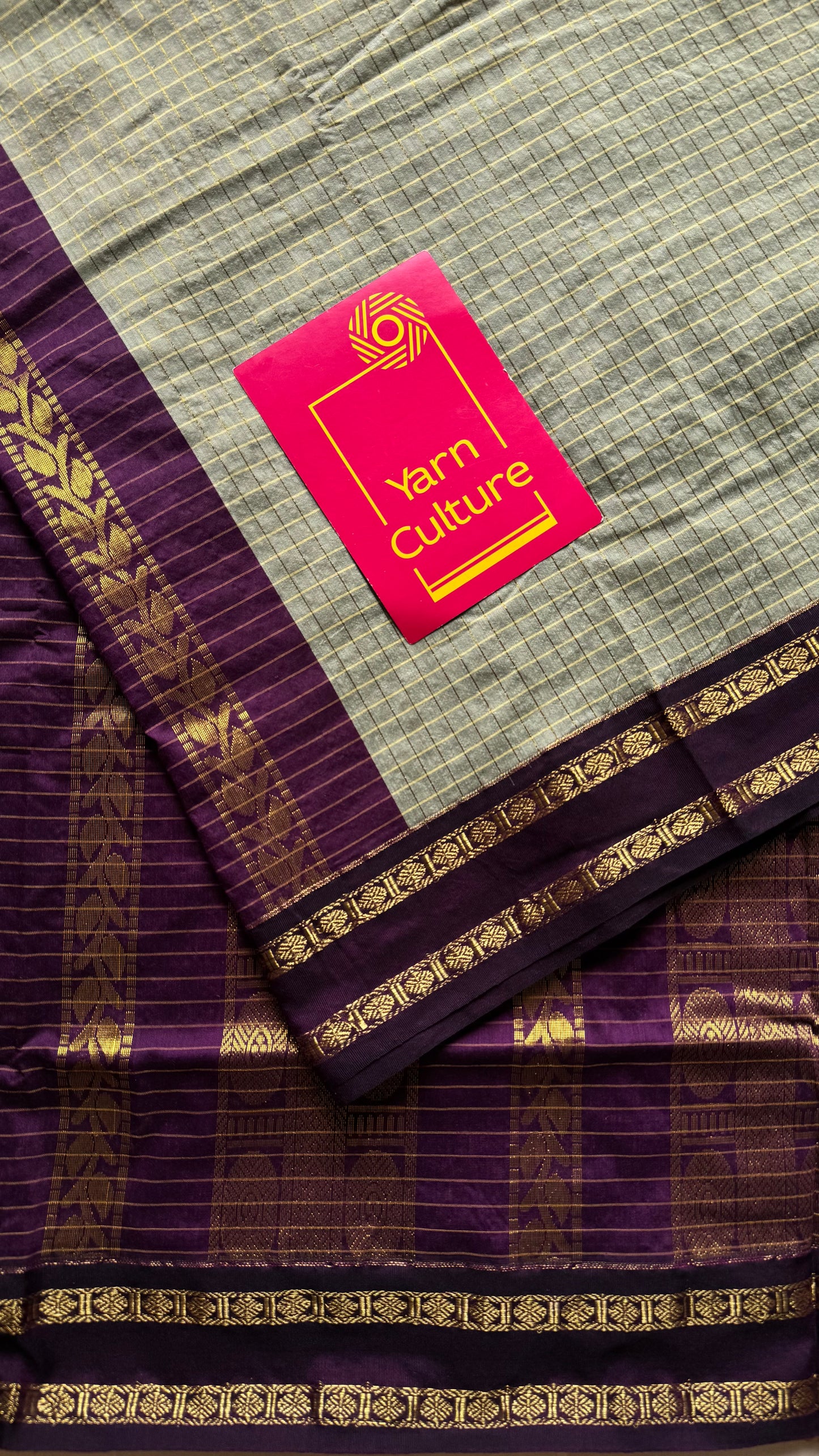 Grey with wine contrast arani checkered saree, cotton silk - YCCOTNMA276