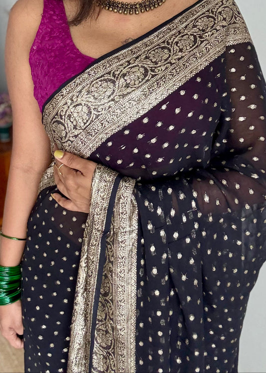 soft silk saree with satin border and jacquard zari motifs, lightweight farewell and partywear saree with elegant drape, flowy saree, georgette saree