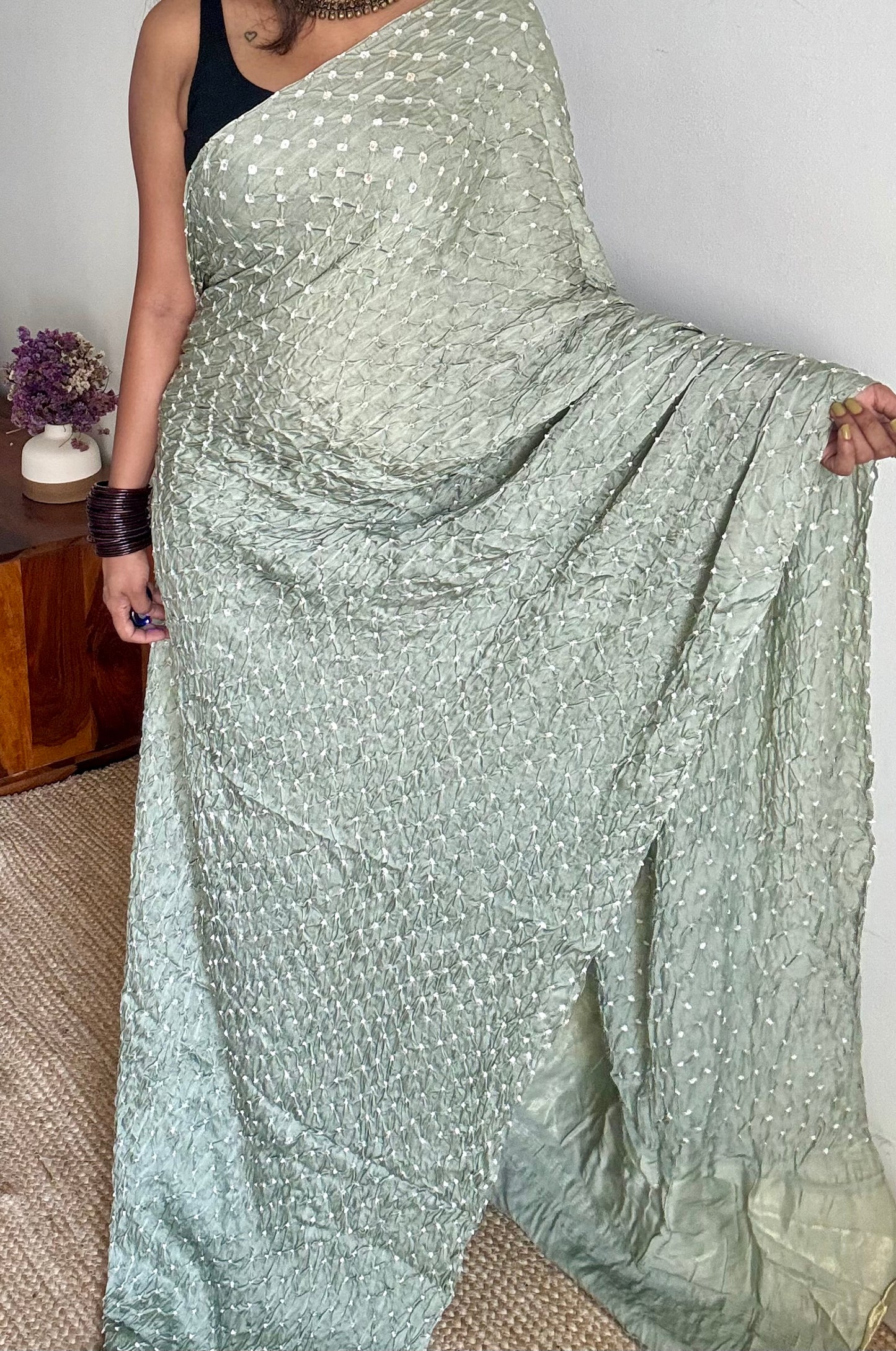 Pastel mint green, crushed bandhej pure modal silk saree with lagdi patta zari pallu - YCTOKBM334