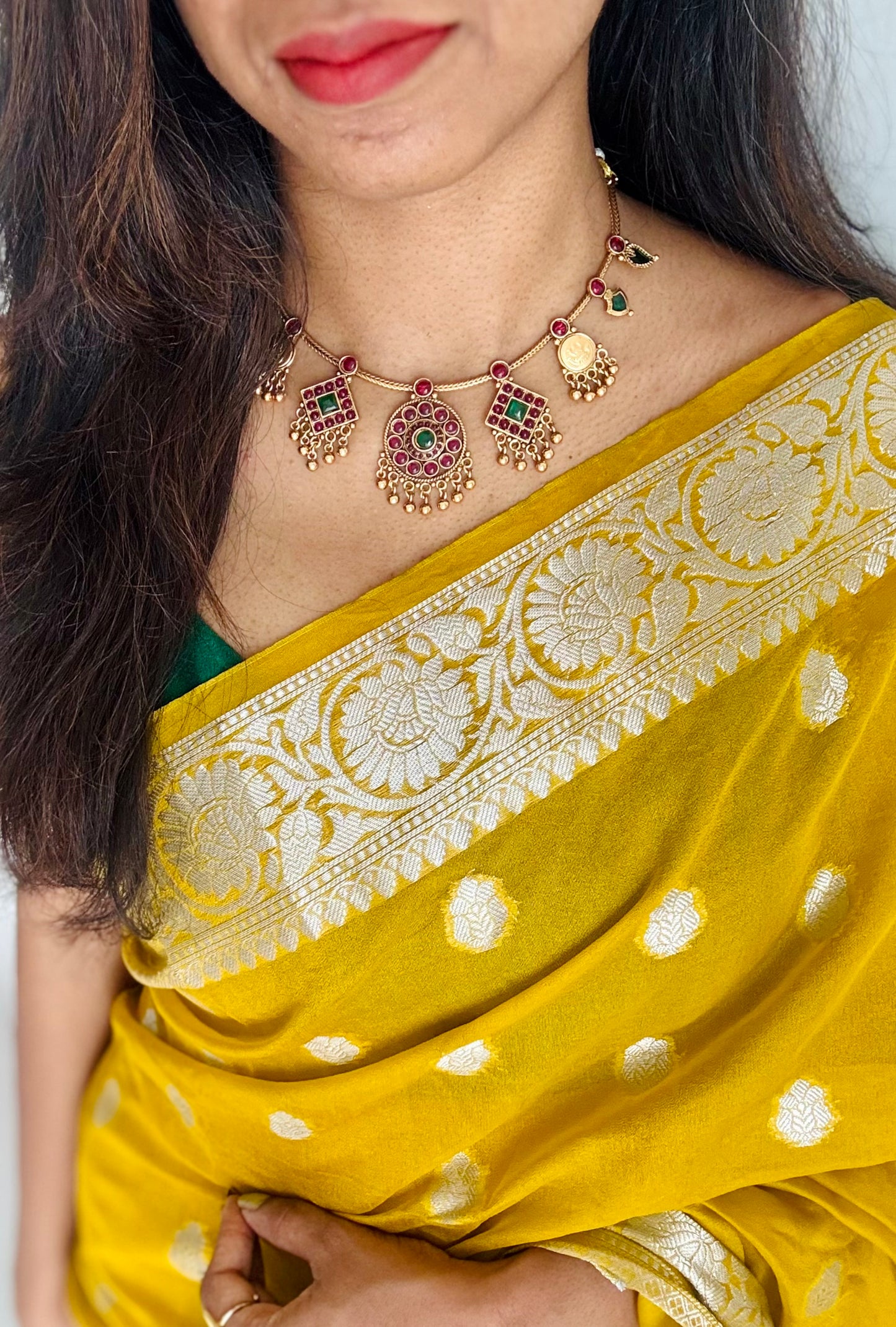 Antique gold multipendants, ruby and green stones with earrings - YCAGNP269