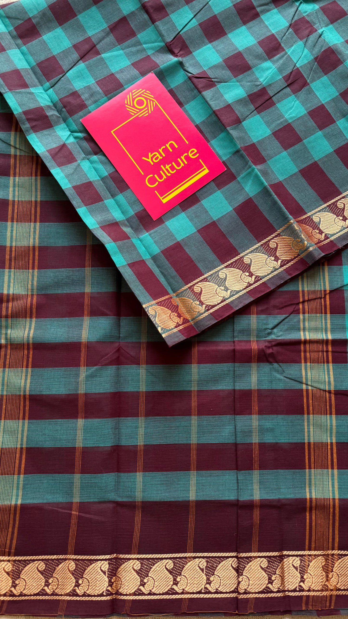 Multicolour Chettinad cotton saree with Paalum Pazhamum checks (Aqua Blue, Cyan & Brown) - YCCOTNCCFE151
