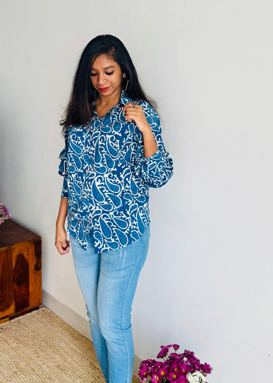 Indigo Whirl - blockprinted cotton stitched shirt, collared neck, full sleeves - YCSEBPSJA192