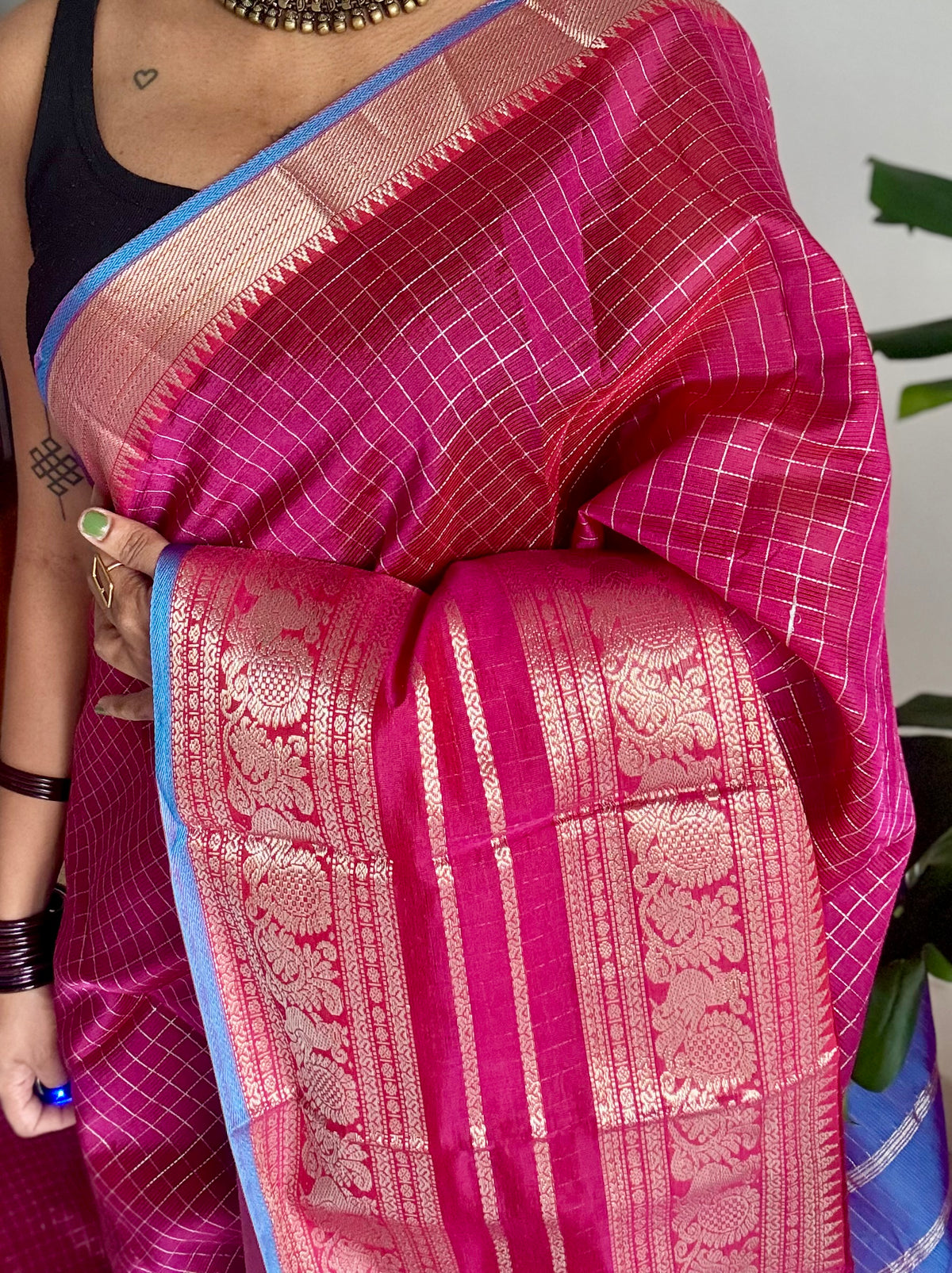 Dark berry pink with blue silver zari checks, silver and gold peacock woven zari border, mangalgiri silk cotton, handwoven, soft, light weight - YCWOTDMSCOC124