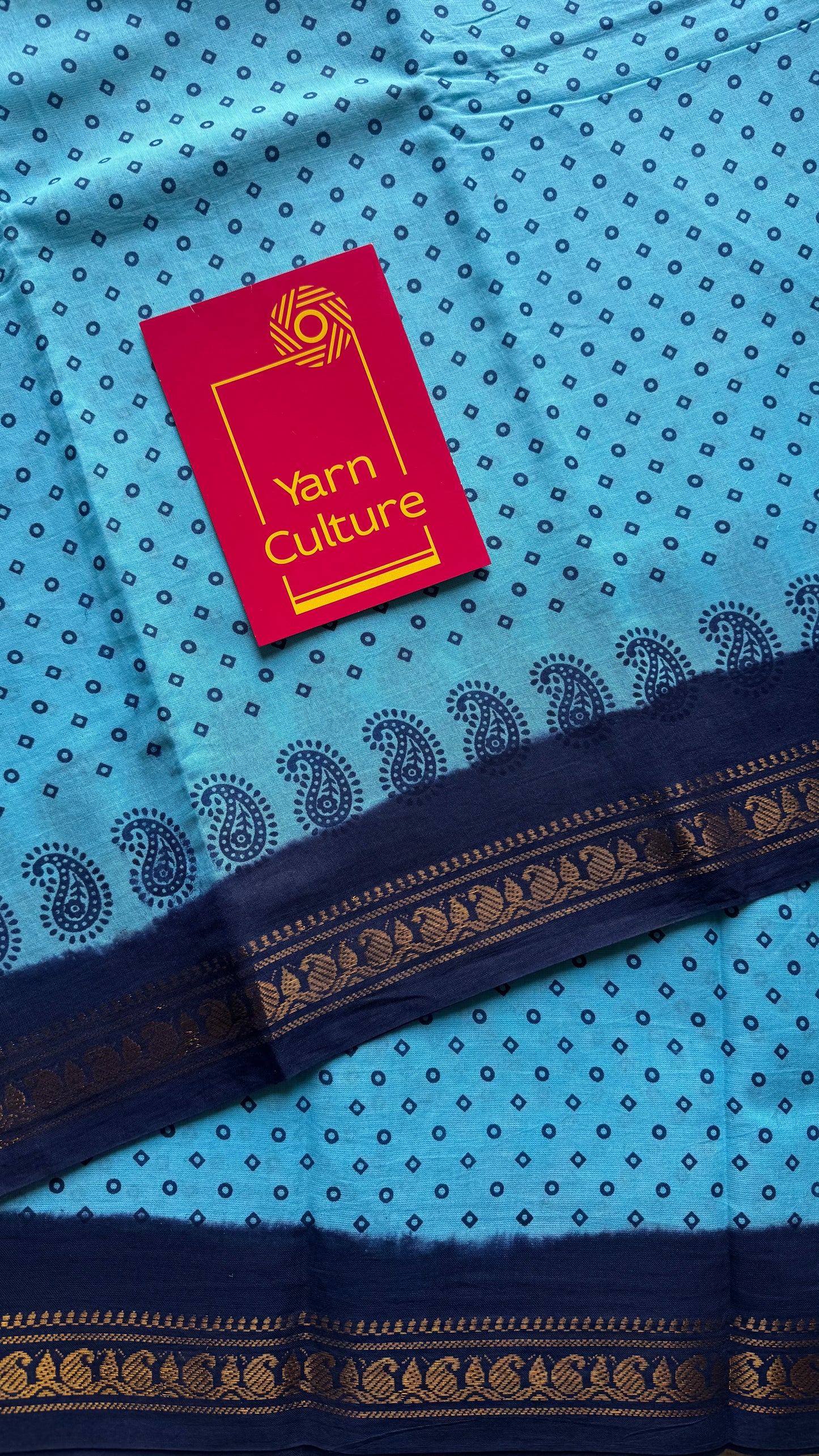 Light blue with dark blue, motif printed, kattuchayam dyed madurai sungudi cotton saree - YCCOTNMSFE76