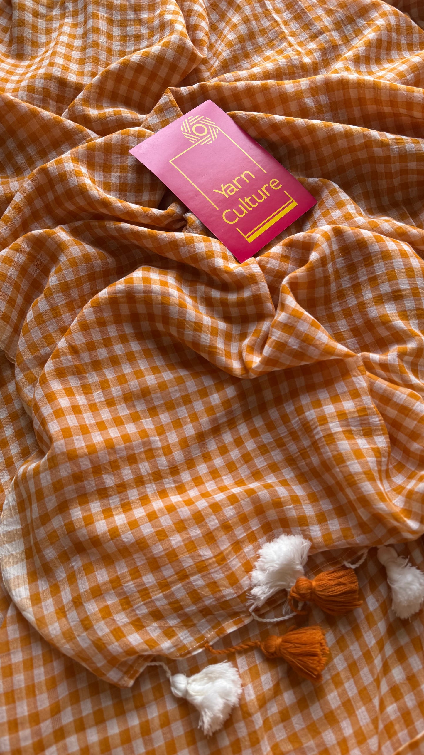 Light orange and white checkered mul cotton saree  - YCBCMCCMA26