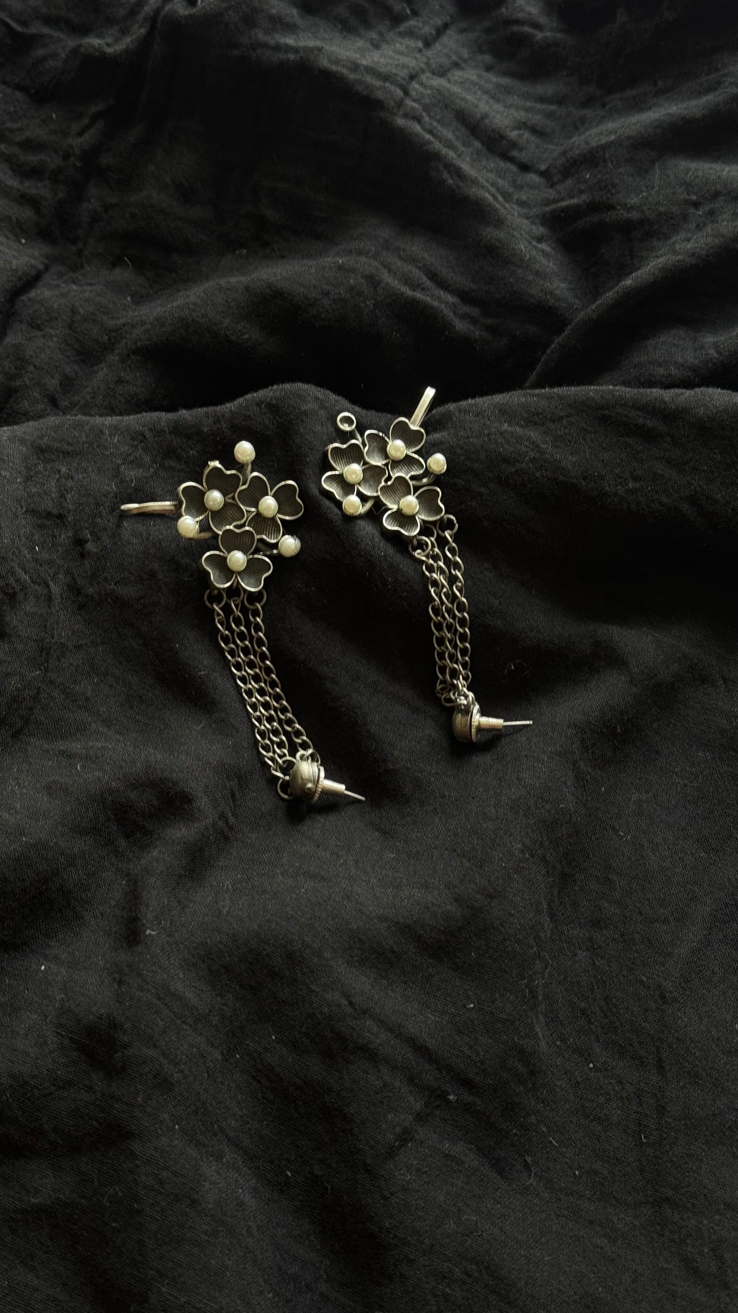 Oxidised silver, flower patterned earring cuff with clipon - YCOSED702