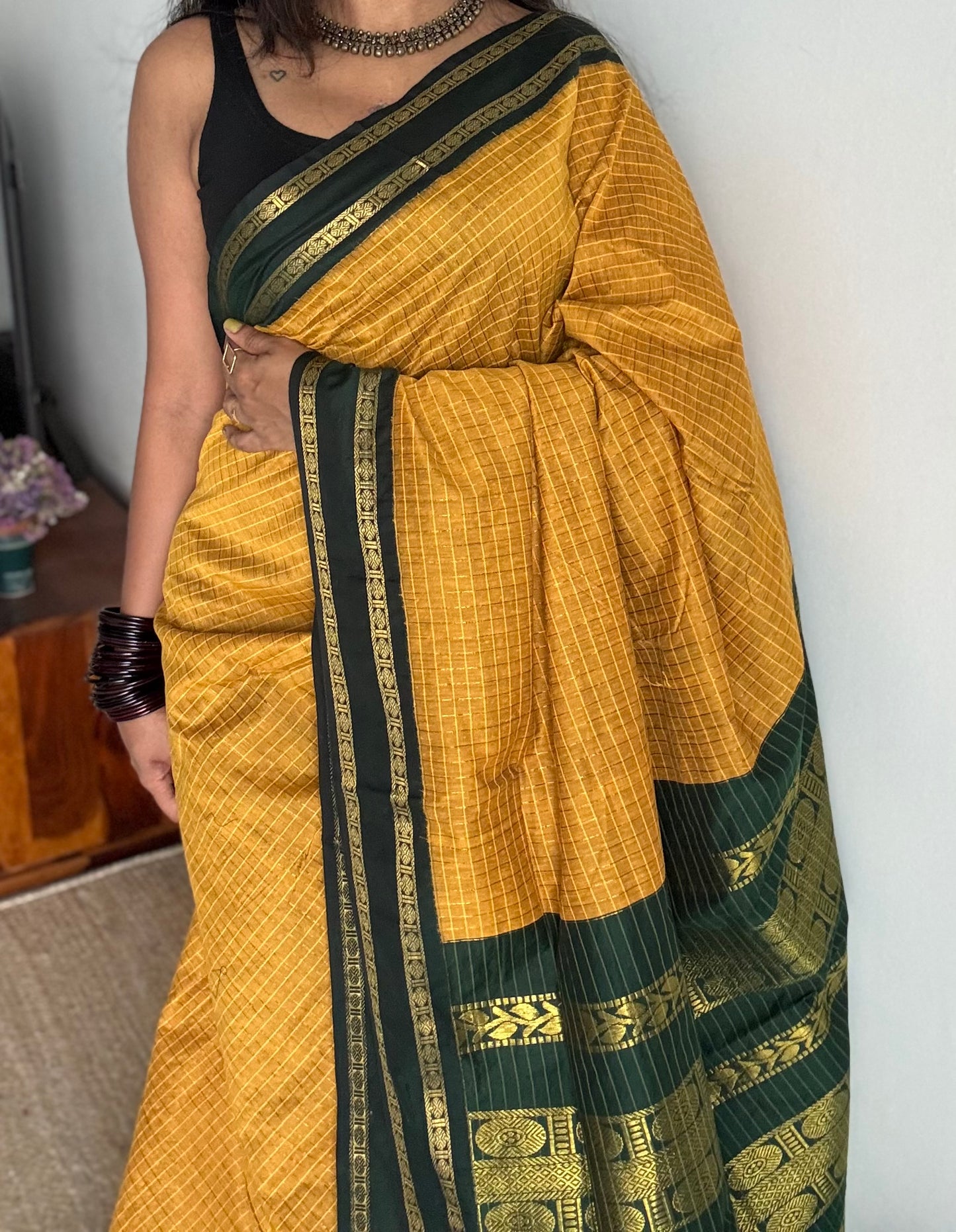 Mustard yellow with dark green contrast arani checkered saree, cotton silk - YCCOTNKCFE70