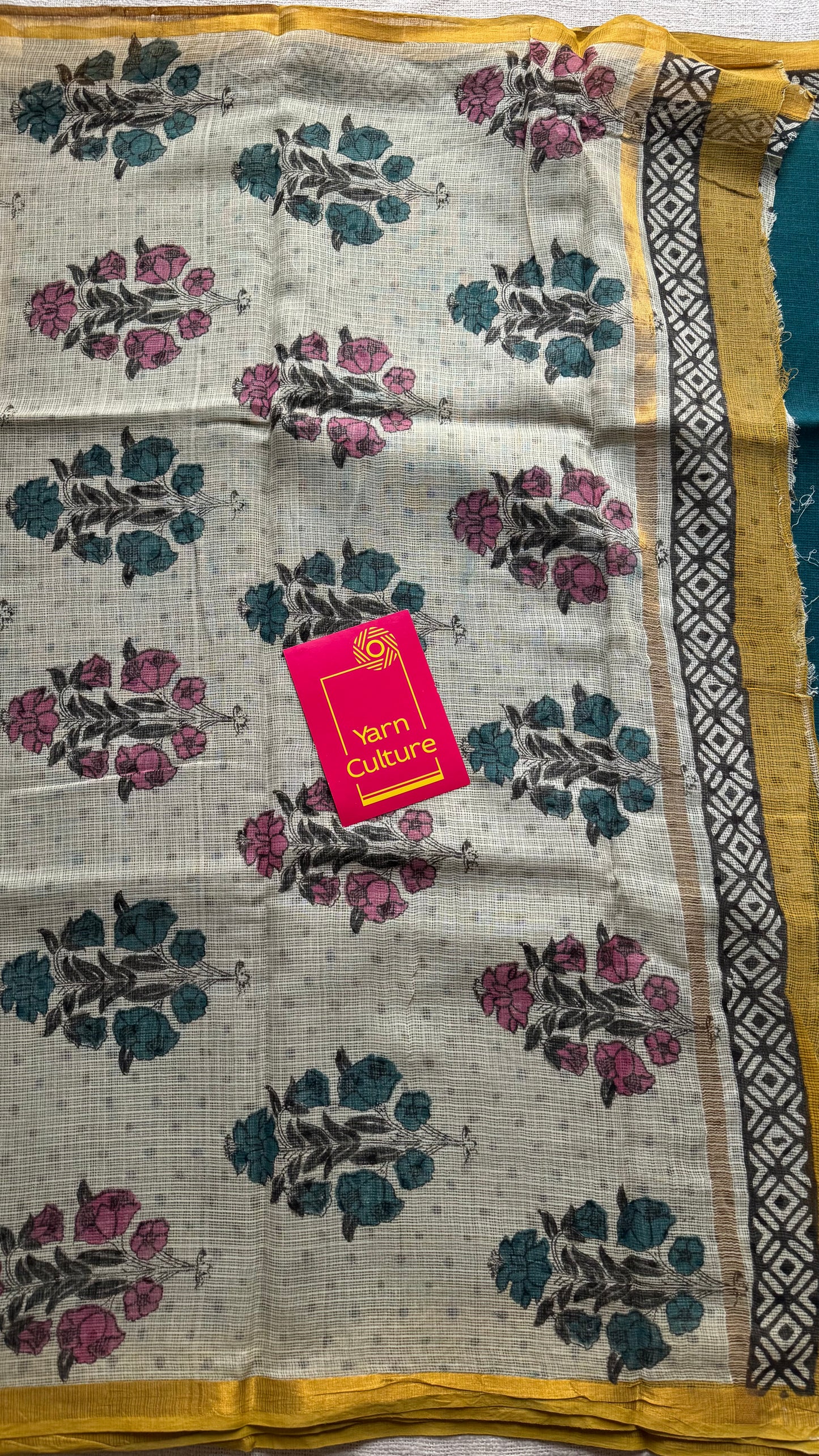 Teal Tadka - teal blue with yellow kota doria saree, with gold zari border - YCTORKDAP11