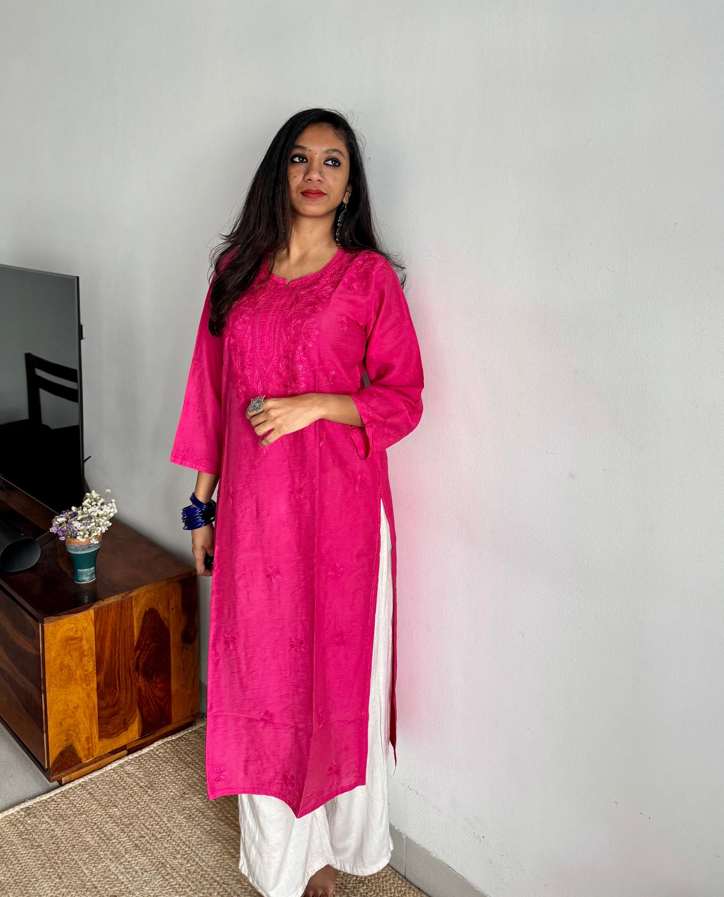 Hot pink chanderi chikankari with ghas patti work, stitched kurta, round neck, three fourth sleeves - YCSECK09