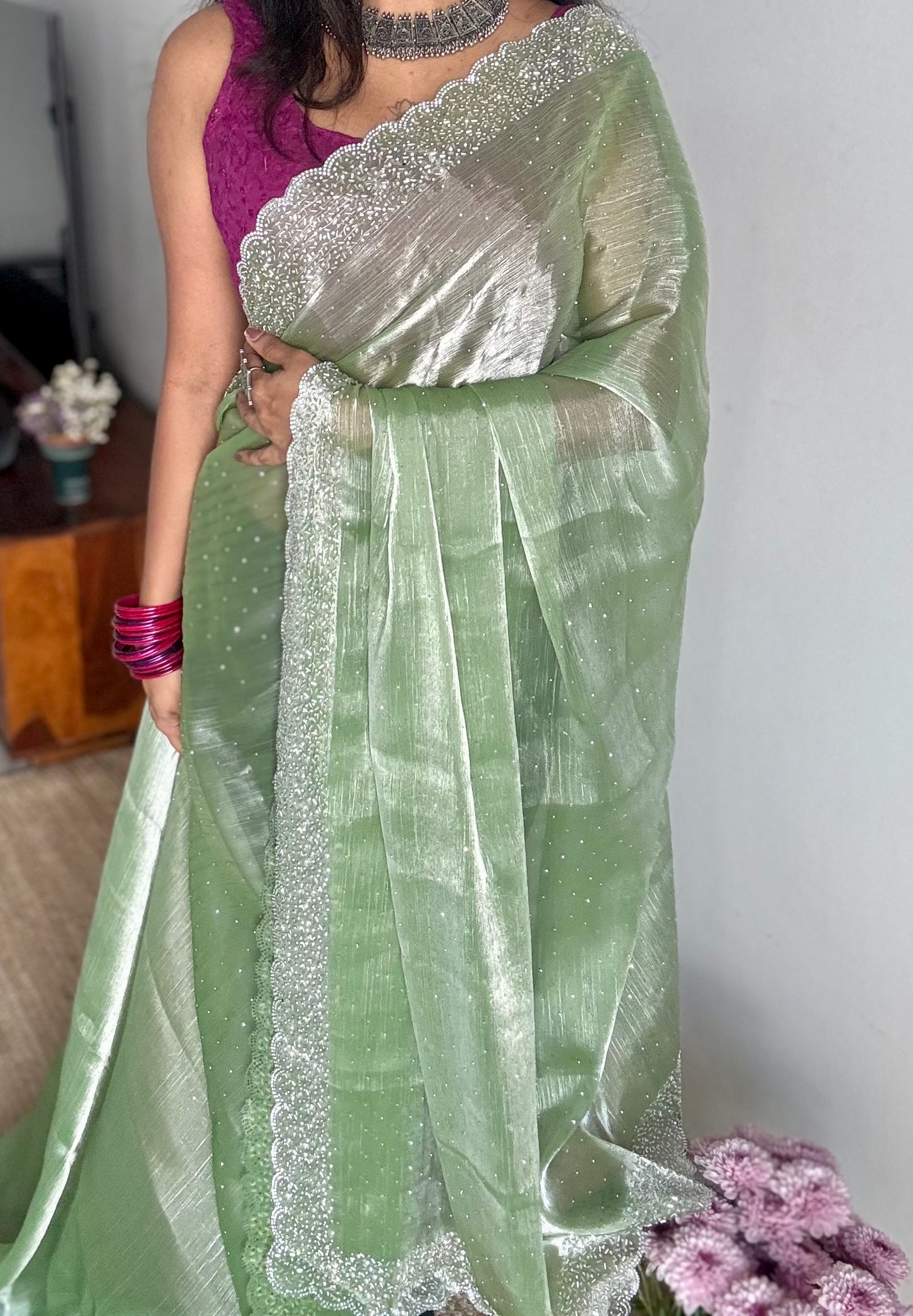 Minty Glimmer - pastel mint green dual tone space silk, jarkhan stone work - YCDOSNO38