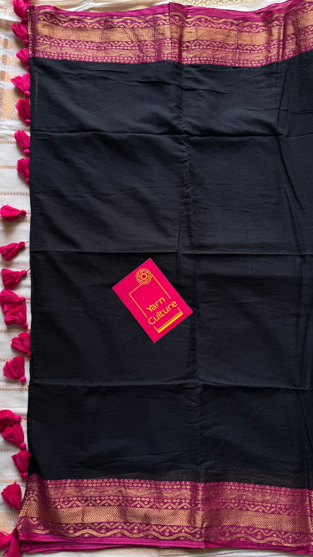 Black mul cotton saree with magenta kanchi inspired zari border - YCBCMCSE28