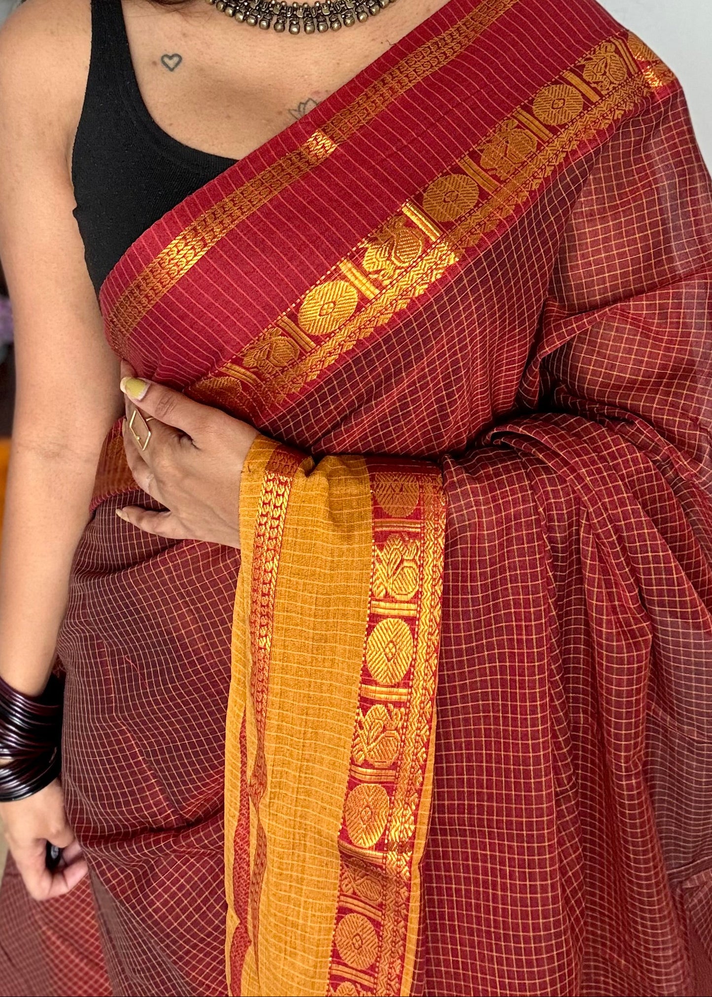 Maroon checks with red and yellow ganga jamuna borders, premium narayanpet soft cotton - YCWOTDNPJA157