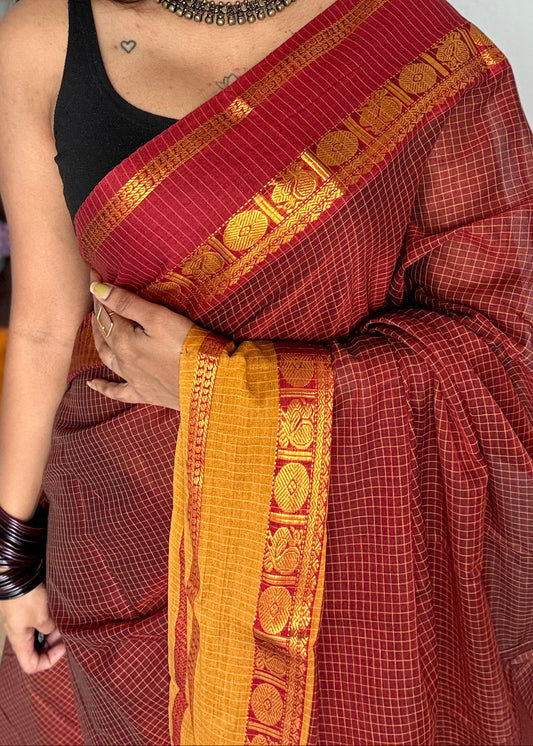 Maroon checks with red and yellow ganga jamuna borders, premium narayanpet soft cotton - YCWOTDNPJA157