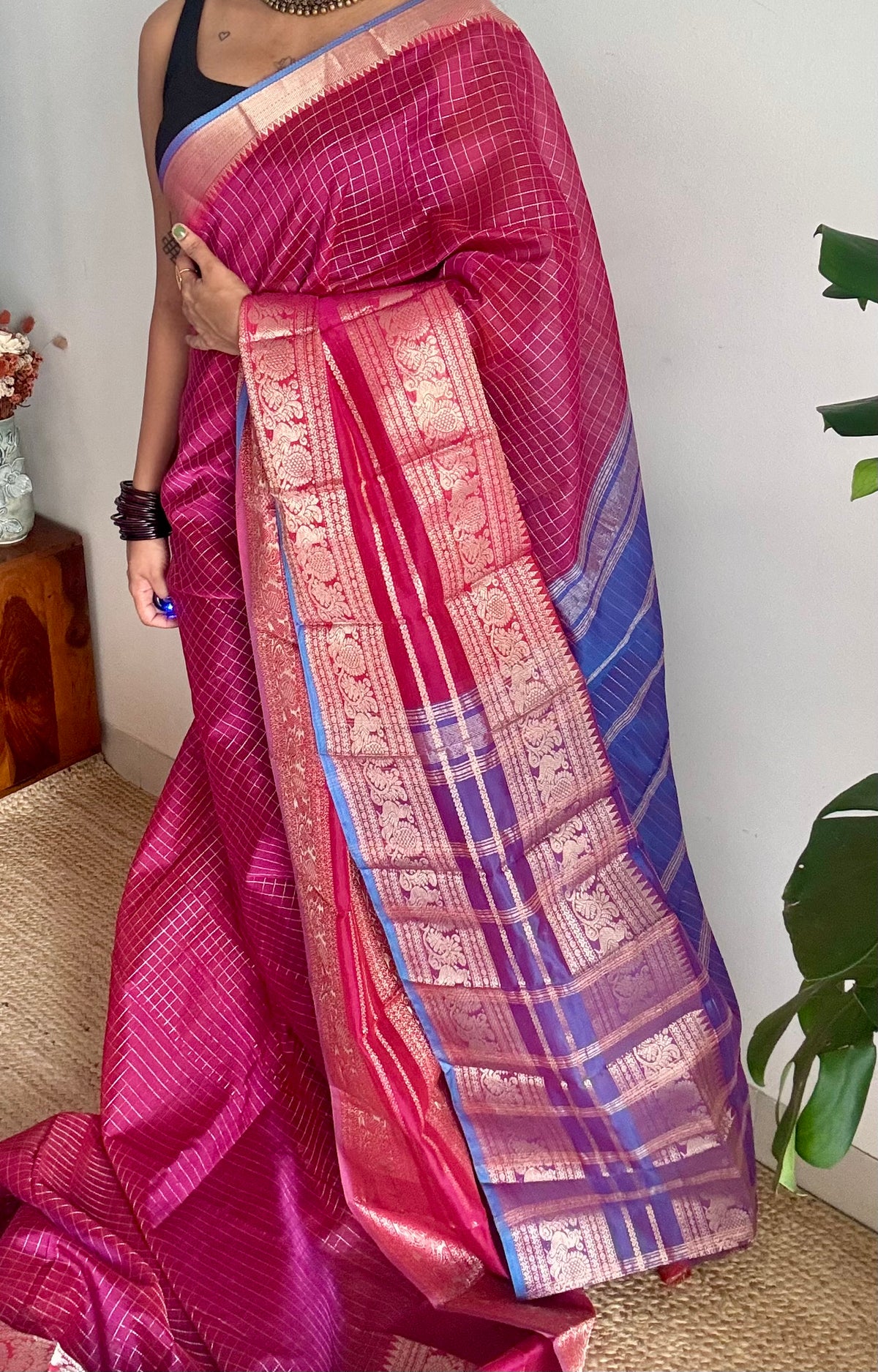 Dark berry pink with blue silver zari checks, silver and gold peacock woven zari border, mangalgiri silk cotton, handwoven, soft, light weight - YCWOTDMSCOC124