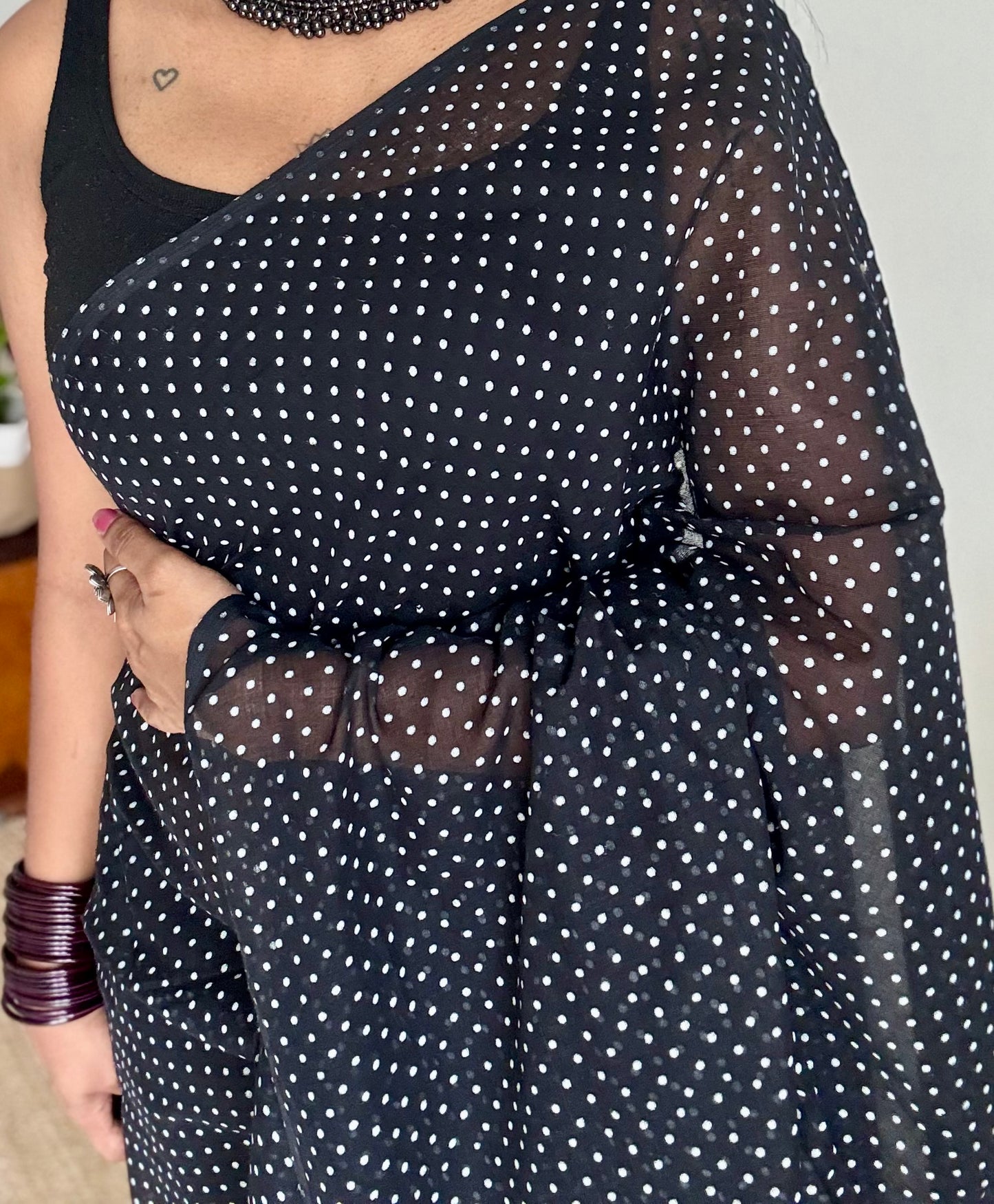 Black with white polka dots mul cotton saree  - YCBCMCAP51